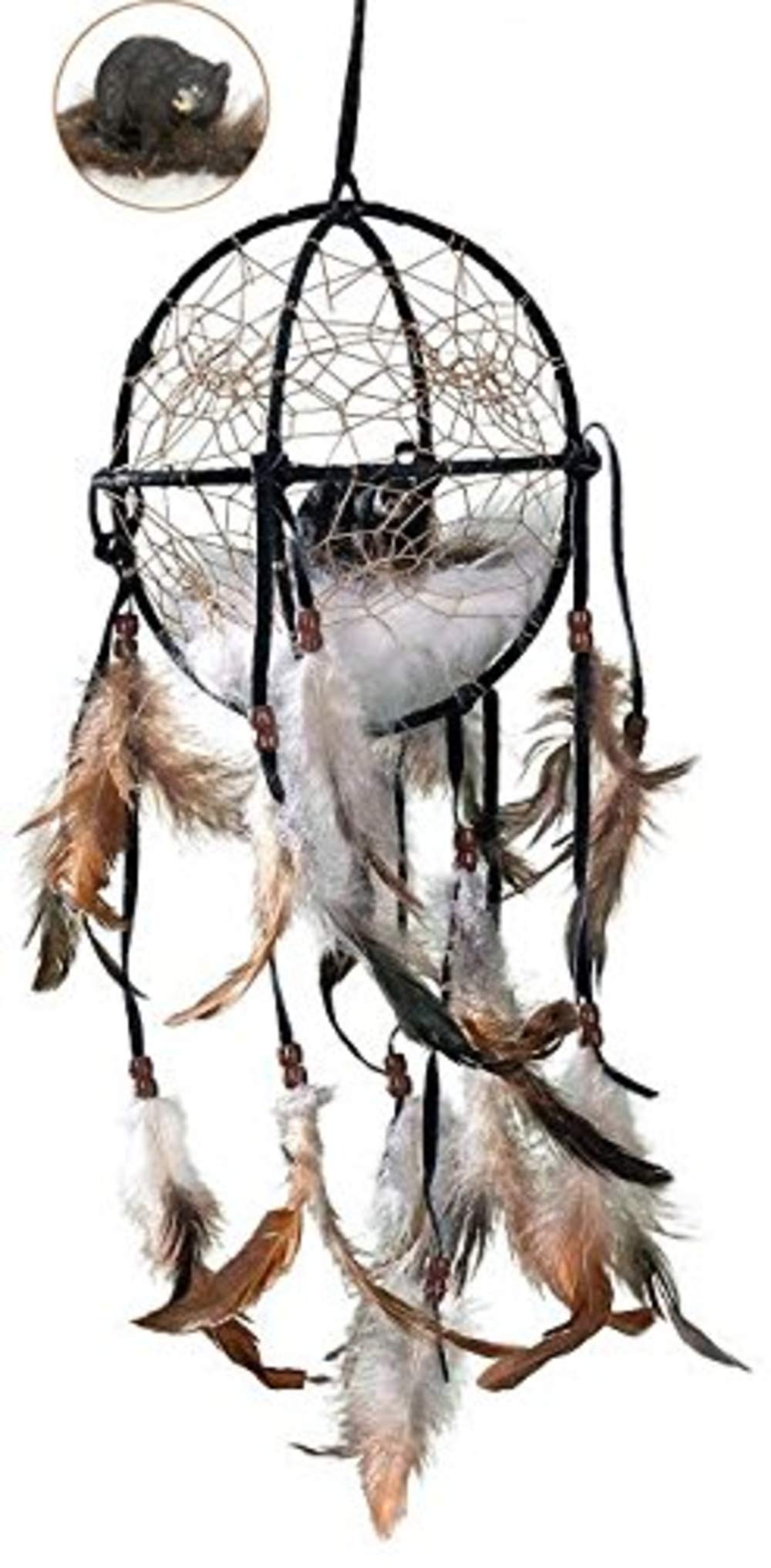 Kinnex Collections - 6" Medicine Shield Cage Dream Catcher, Made with Wooden Beads and Real Feathers -Black Bear-DC06064E