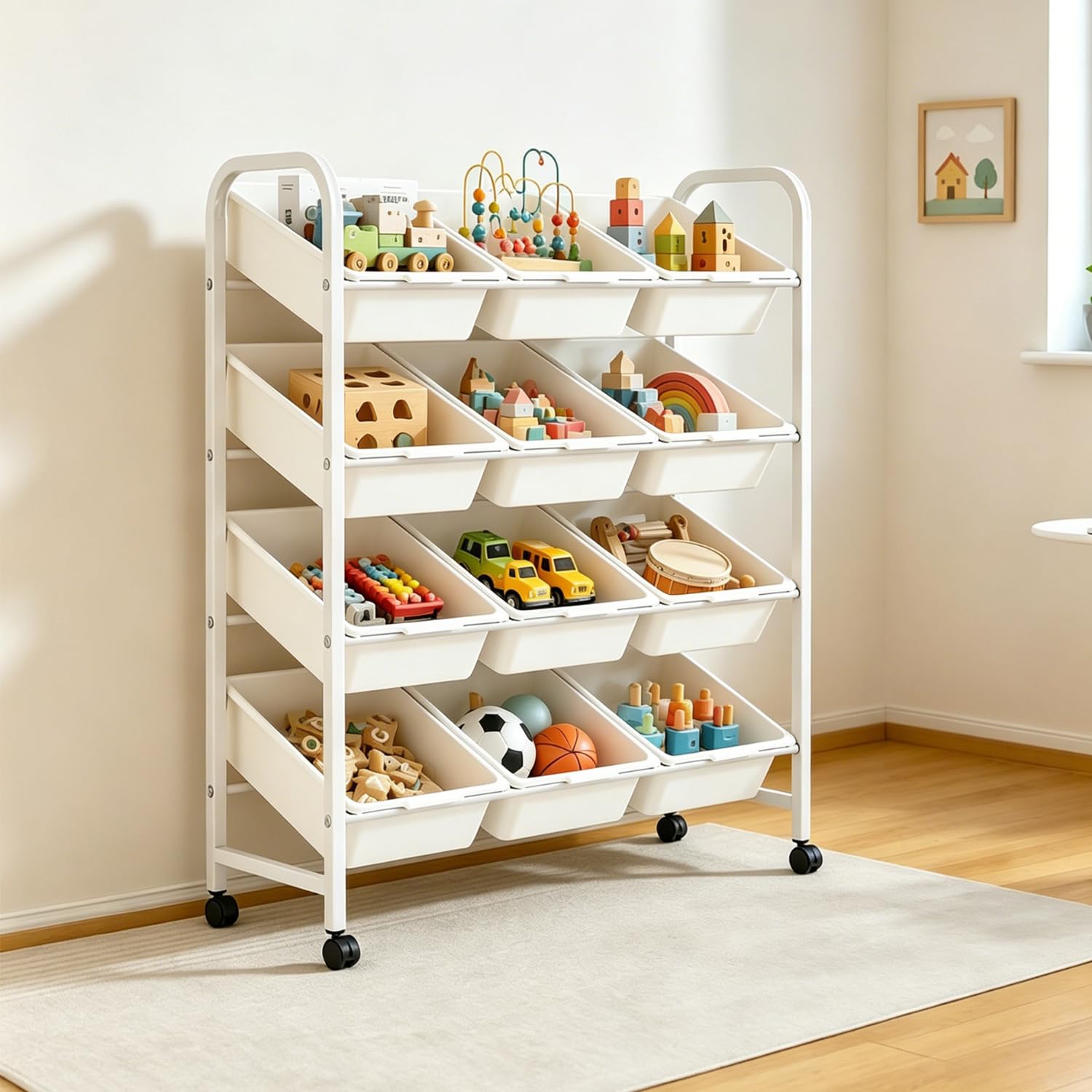devesanter 4 Etagen Spielzeugregal,Kinderzimmer Aufbewahrung Organizer,Weiß | Kinderzimmer Aufbewahrung Organizer mit 12 herausnehmbaren Boxen,mobiles Kinderregal für Spielzeug,platzsparend,robust