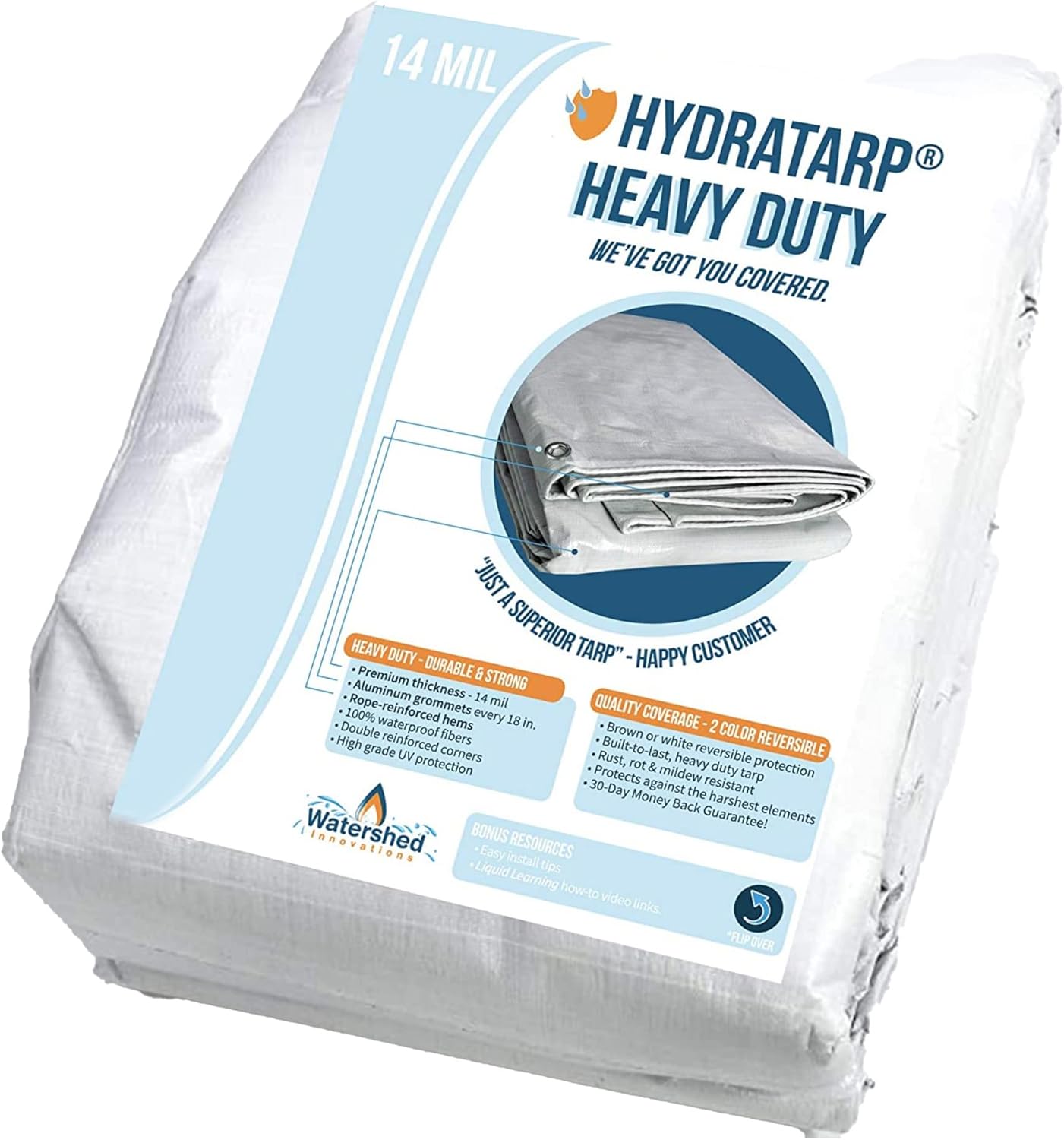 Watershed Innovations HydraTarp Heavy-Duty 14 Mil Thick Waterproof White/Brown Reversible Tarp, 20 by 50 Feet