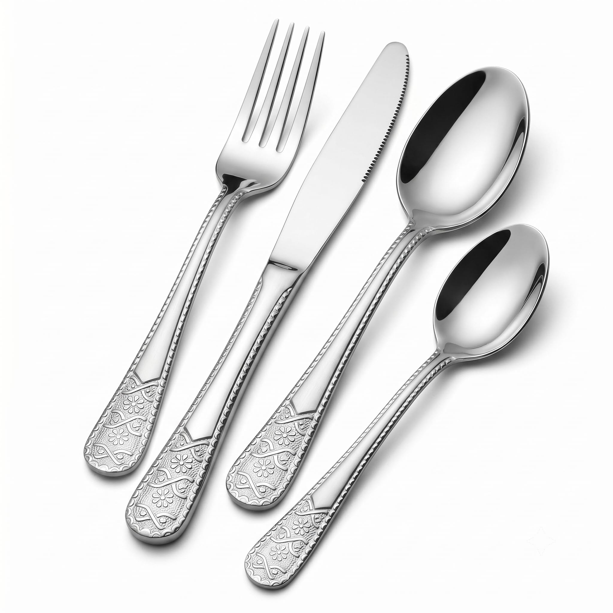 ASKSCICI 16 Piece Stainless Steel Cutlery Set for 4, Vintage Floral Embossed Silverware Set with Forks Knives Spoons & Teaspoons, Mirror Polished Flatware Tableware Set, Dishwasher Safe