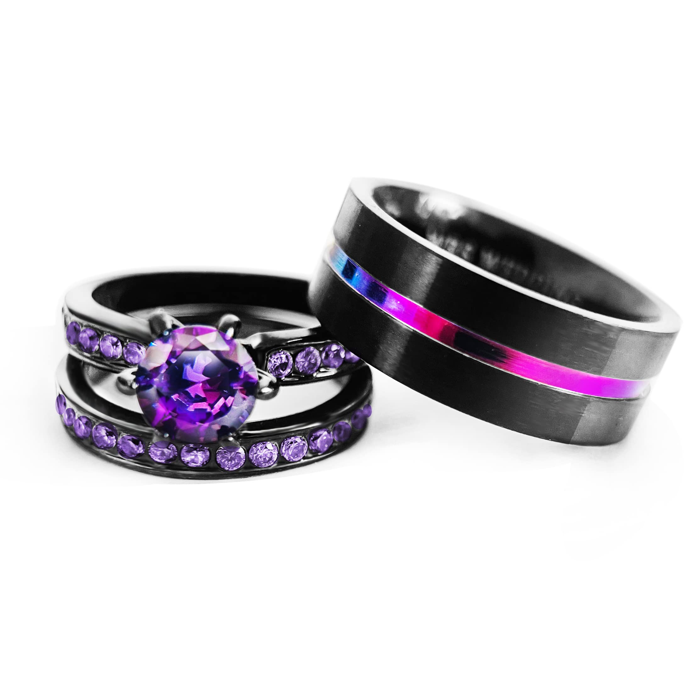 wedding ring set His Hers Couples Matching Rings Women's 18k Black Gold Filled Violet CZ Wedding Engagement Ring Bridal Sets & Men's Tungsten Carbide Wedding Band