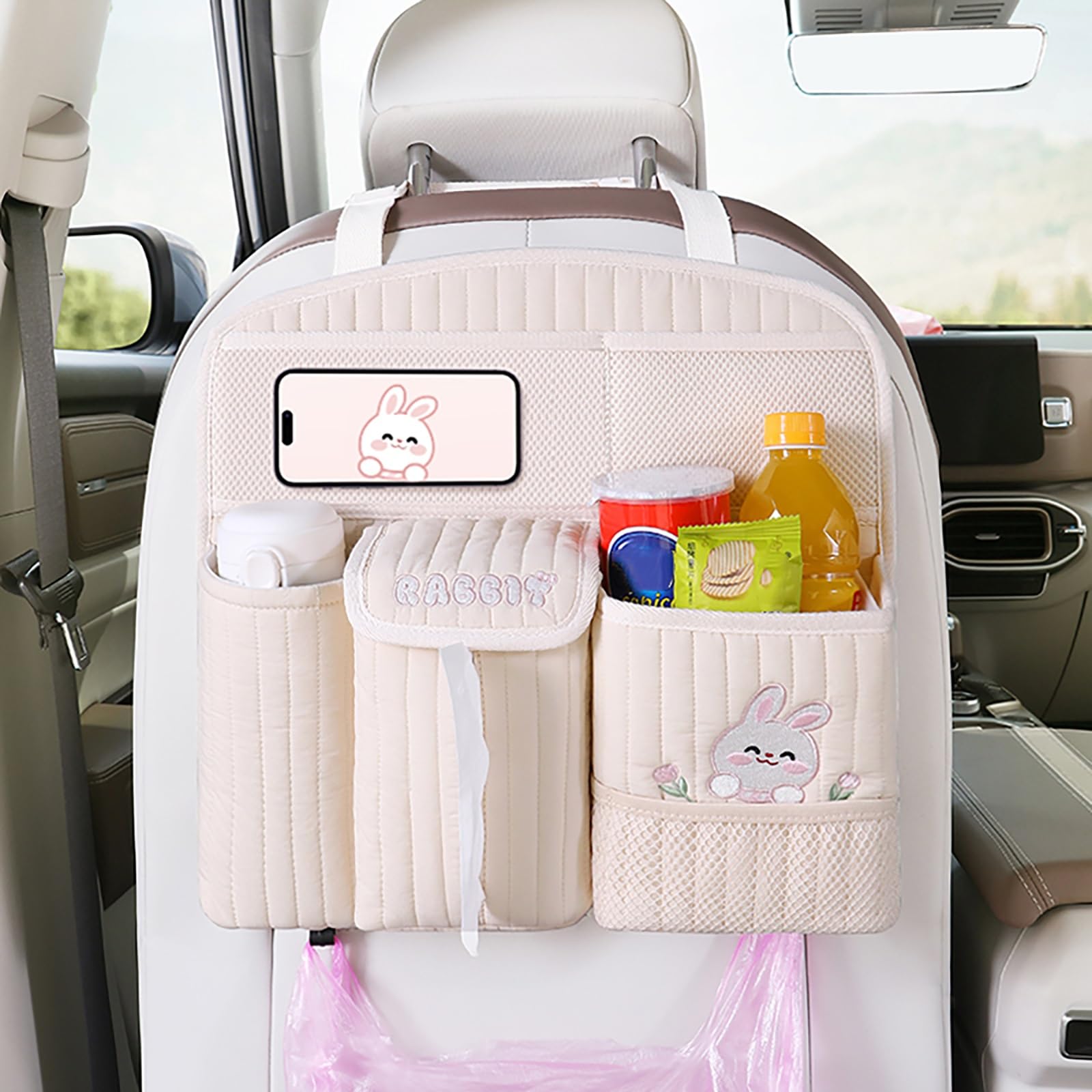 Organizer per seggiolino Auto con Spallacci Regolabili in Lunghezza, Auto Organizzatore Kick Mats Impermeabile Sedile Posteriore, Organizer per sedili Posteriori(Pink)