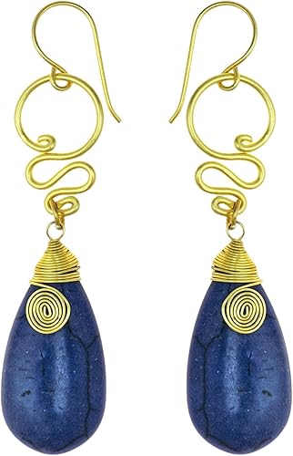 AeraVida Aretes de gancho de pez de howlita teñidos de latón, tribales bohemios, reconstruidos, color azul marino, con forma de lágrima, remolinos,