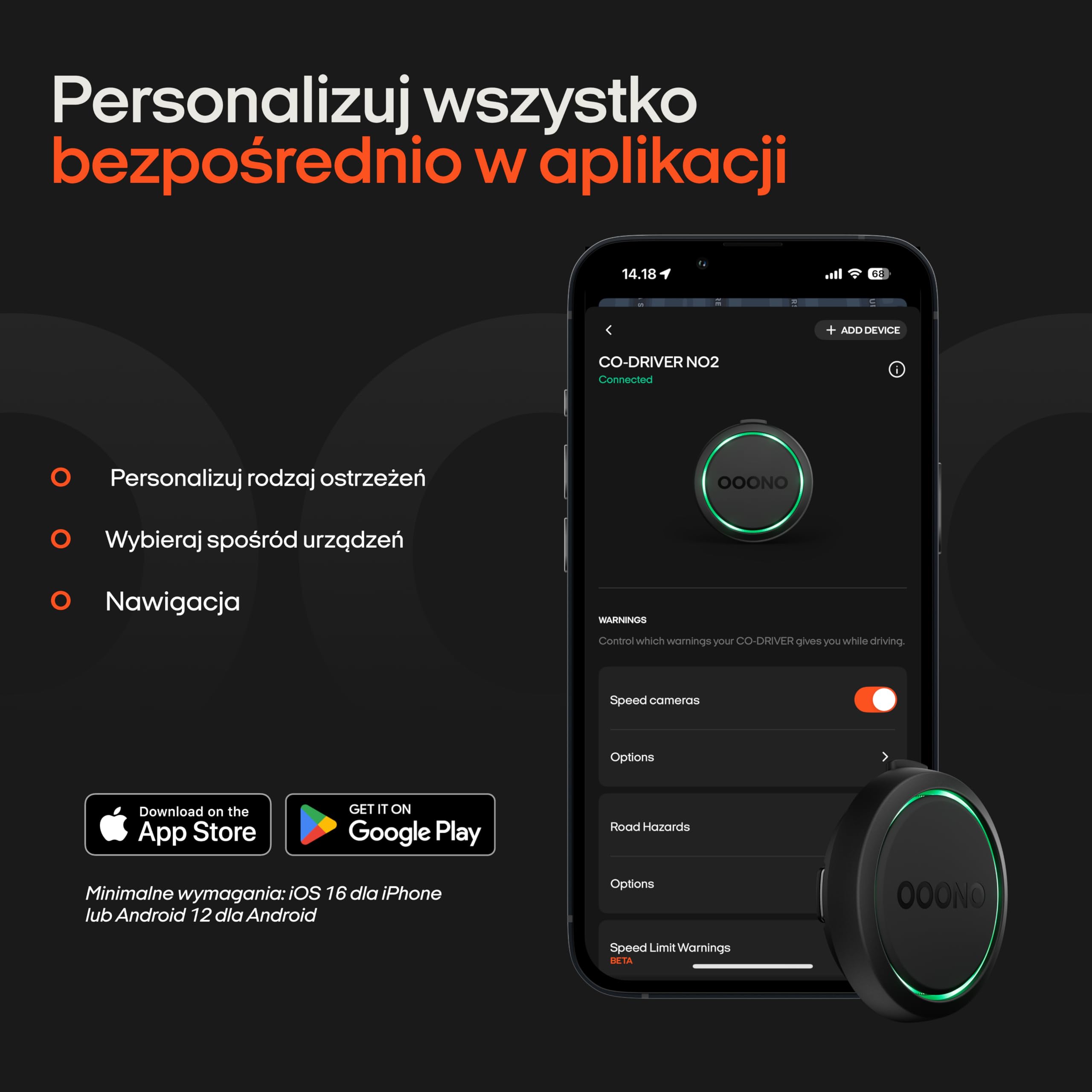 OOONO Co-Driver NO2 – udoskonalony asystent drogowy do samochodu – ostrzega przed fotoradarami i zagrożeniami na drodze – ładowalny – wskaźnik LED – kompatybilny z CarPlay i Android Auto