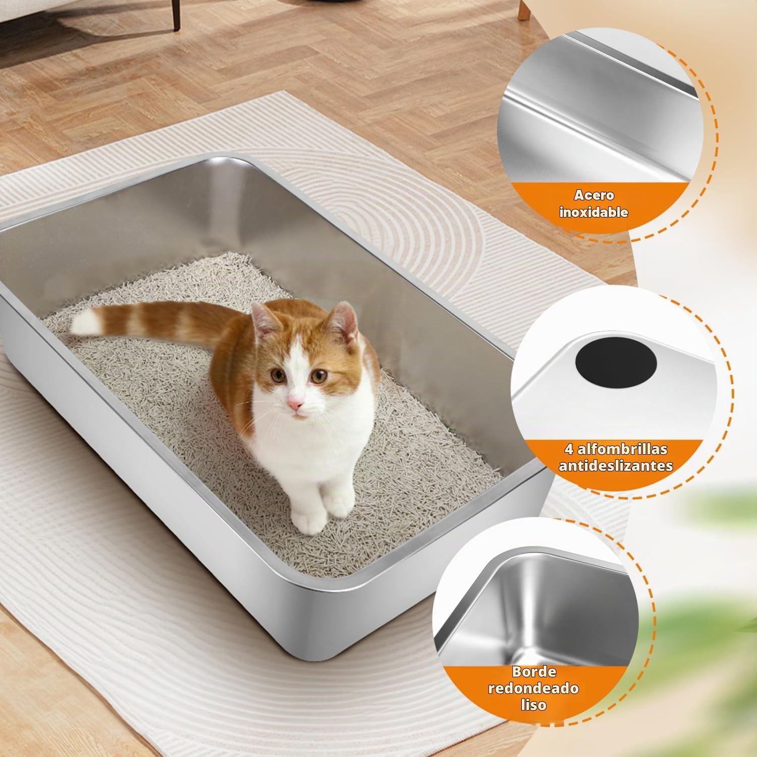 Nobleza Arenero Gato Acero Inoxidable Grande (Paquete de 2), 60x40x15cm Cajas de Arena para Gatos de Borde Alto, Arenero Gatos Que No Absorbe Olores, Adecuado para Gatos Grandes y Gatitos Múltiples