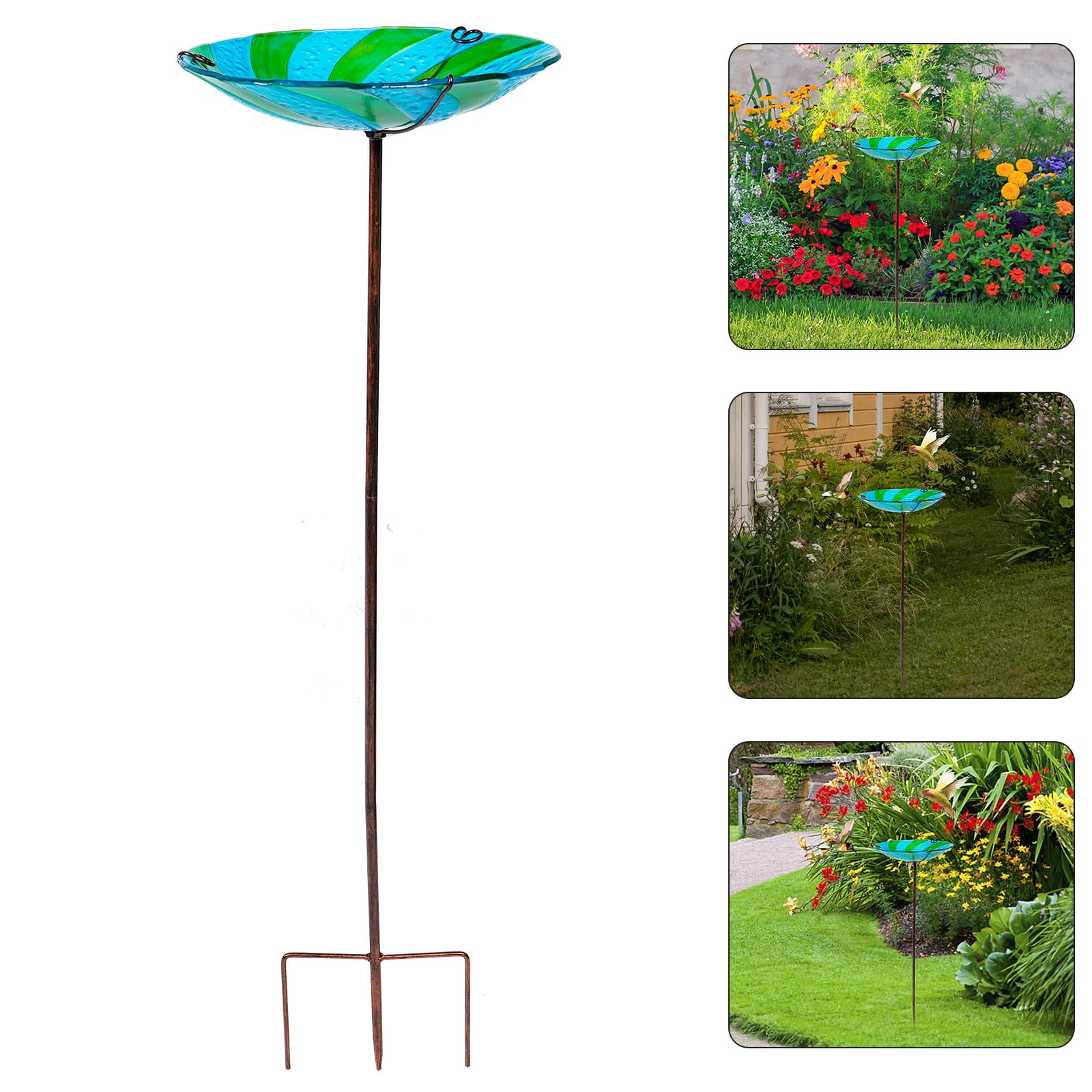BETOOKY Abreuvoir à Oiseaux Extérieur en Verre et Fer avec Piquet, Bol Polyvalent pour Bain et Alimentation des Canaris et Perroquets Le Jardin