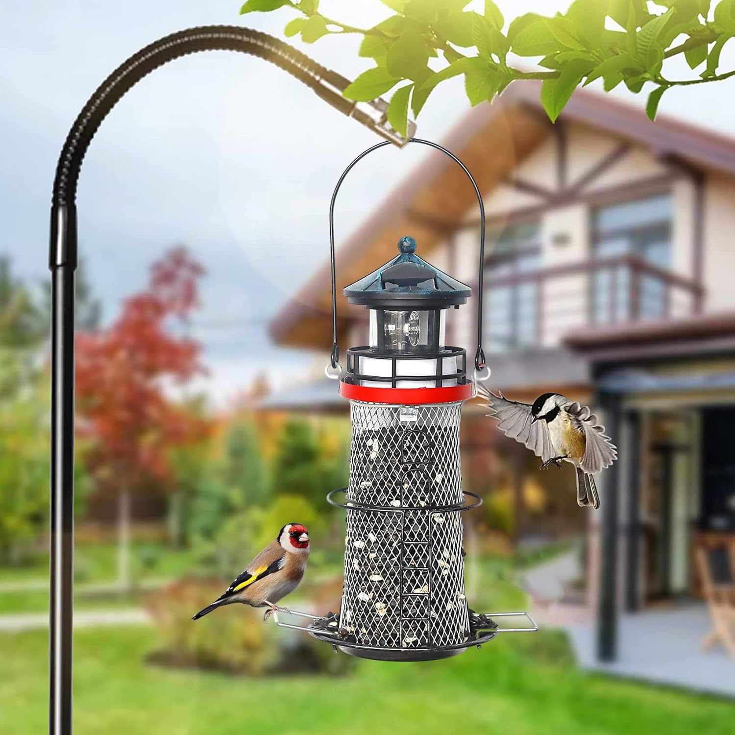 Solar Lighthouse Bird Feeder with Rotating Beacon - 14" Hanging Best Birdfeeder Gifts for Bird Lovers(Retro Black).