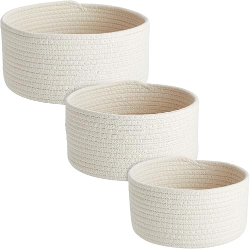 Miniatura 6 de Farmlyn Creek Paquete de 3 cestas tejidas para almacenamiento, cubos organizadores pequeños redondos de cuerda de algodón (3 tamaños, blanco)