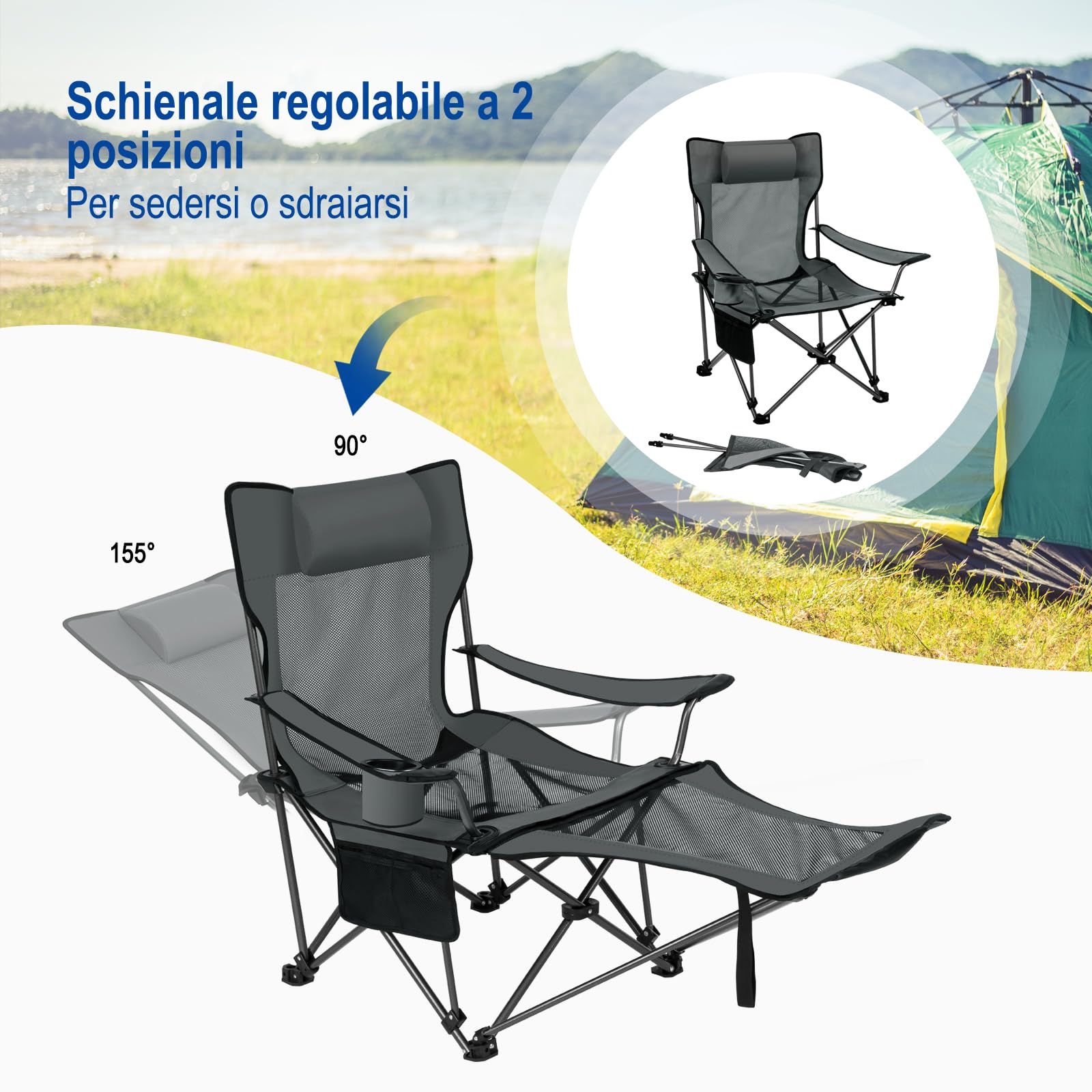 eSituro Sedia da Campeggio Pieghevole Portabile, Leggera, Schienale Regolabile 2 Posizioni, Oxford Grigio