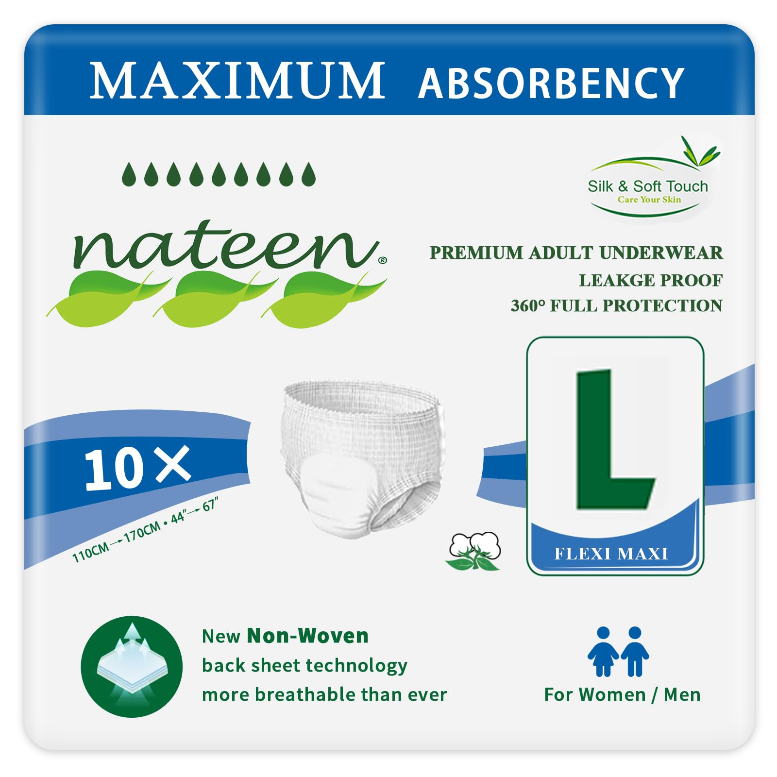 Nateen Flexi Maxi Adult Incontinence Underwear, Unisex Pull-ups Maximum Absorbency Underwear, Overnight Leak Protection. (Large, 10 Count)