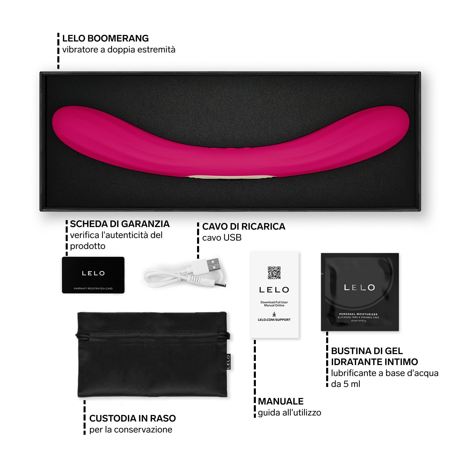 LELO BOOMERANG Vibratore a Doppia Estremità per Coppie con App Bluetooth e 10 Modalità di Piacere, Vibratore Doppia Penetrazione, Cerise