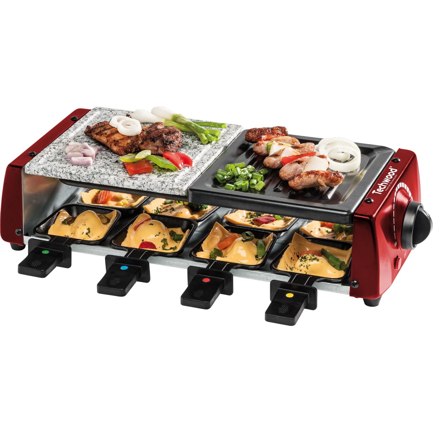 Raclette-Grill-Plancha-Pierre de Cuisson, Techwood TRGP-885 1200 W, Inclus : 8 Poêlons - Coloris Rouge