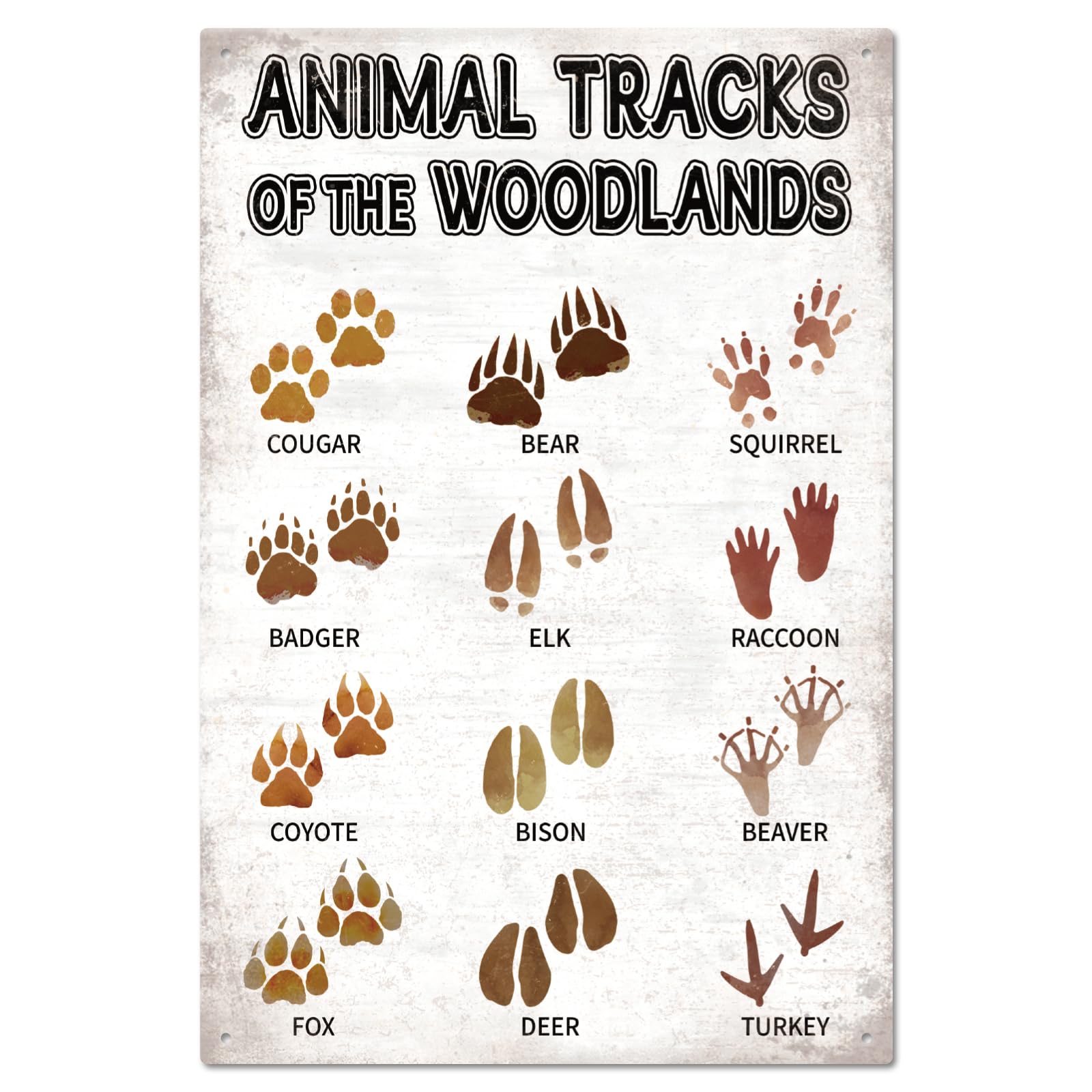 GLOBLELAND Animal Tracks Metal Tin Sign "Animal Tracks of the Woodlands" Vintage Painting Tin Signs 12x8inch Retro Wall Art Plaque Poster for Home