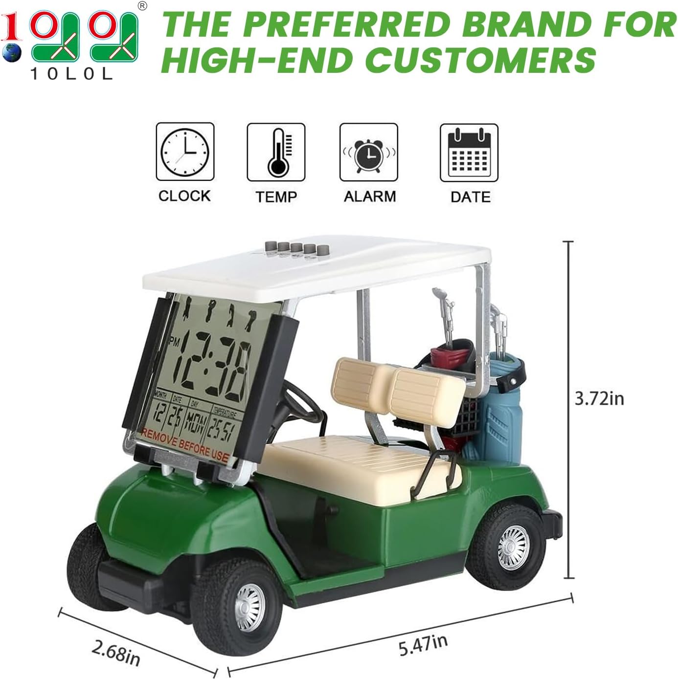 10L0L Mini Golf Cart Alarm Clock LCD Display Calendar Golf Gifts for Men Fans Golfers Superior Race Souvenir Novelty(Green)