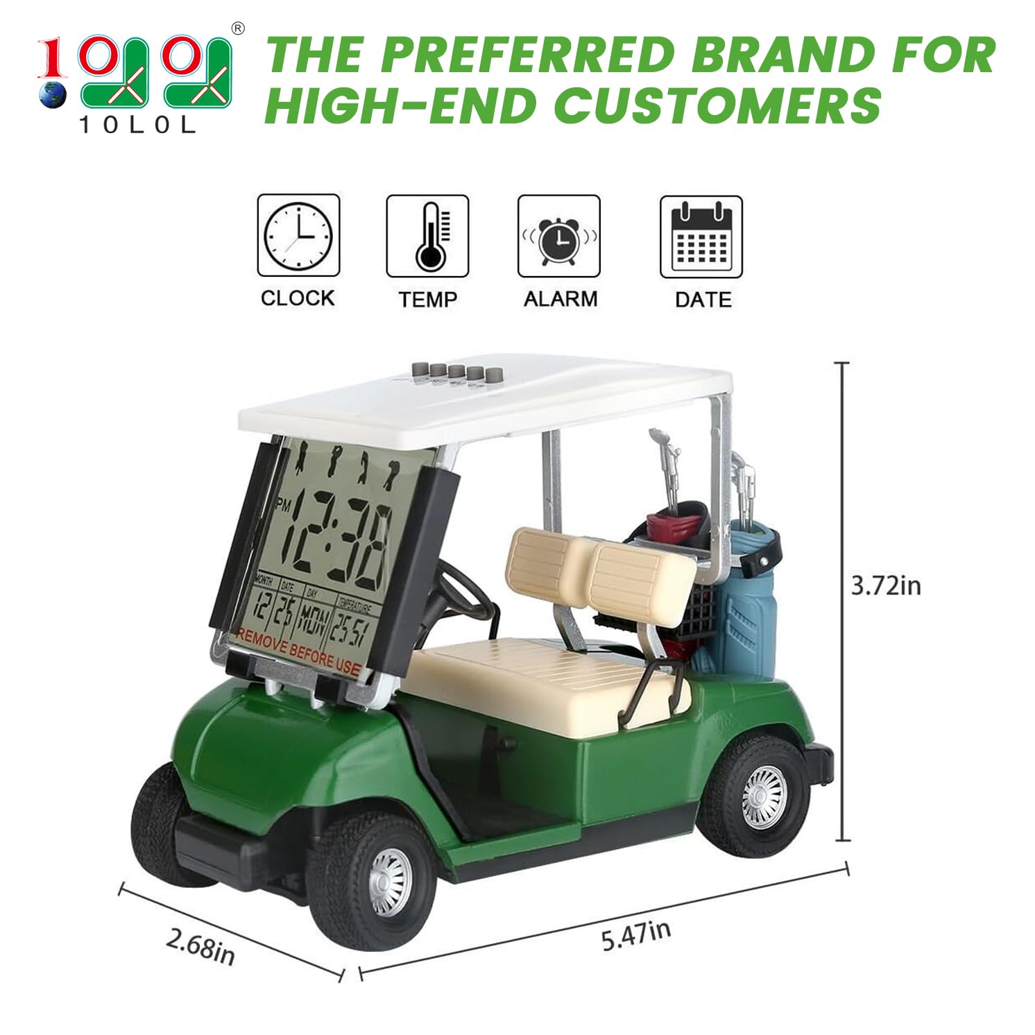 10L0L Mini reloj despertador para carrito de golf, pantalla LCD, calendario, regalos de golf para hombres, fanáticos, golfistas, recuerdo de carreras superiores, novedad (verde)