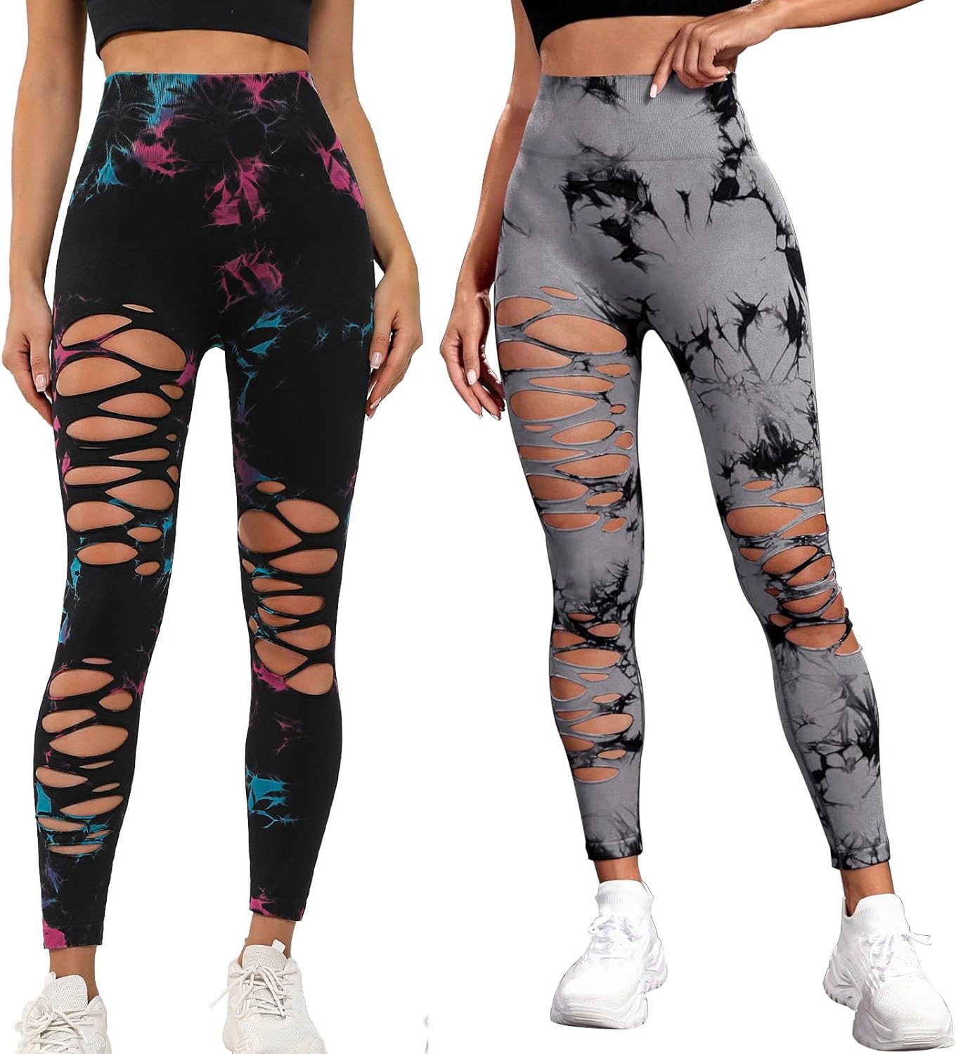 UONNOU Women's Tie Dye Cutout Tights High Waist Workout Yoga Leggings,Scrunch Butt Lifting Elastic Pants,2 Pack