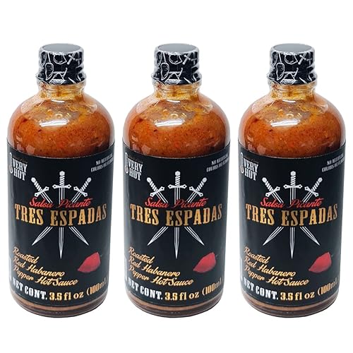 Tres Espadas  Paquete de 3 unidades de salsa picante habanero  Pimienta habanero  Receta gourmet mexicana  Botellas de salsa picante de 3.5 onzas