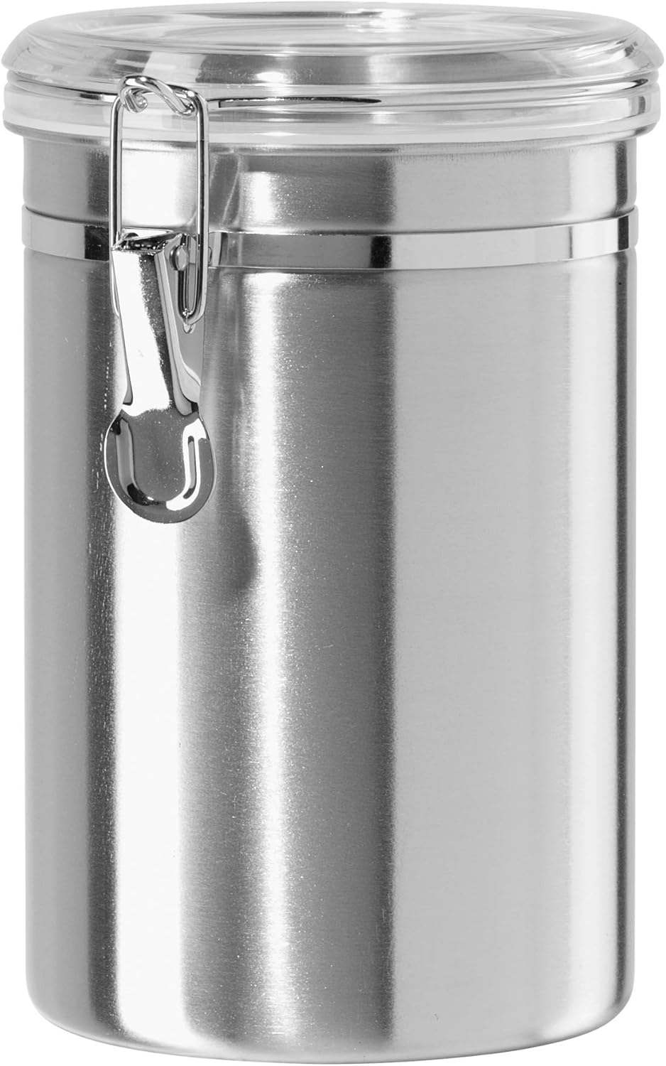 Oggi Stainless Steel Coffee Canister 62 fl oz - Airtight Clamp Lid, Clear See-Thru Top - Ideal for Coffee Bean Storage, Ground Coffee Storage, Kitchen Storage, Pantry Storage. Large Size 5" x 7.5".