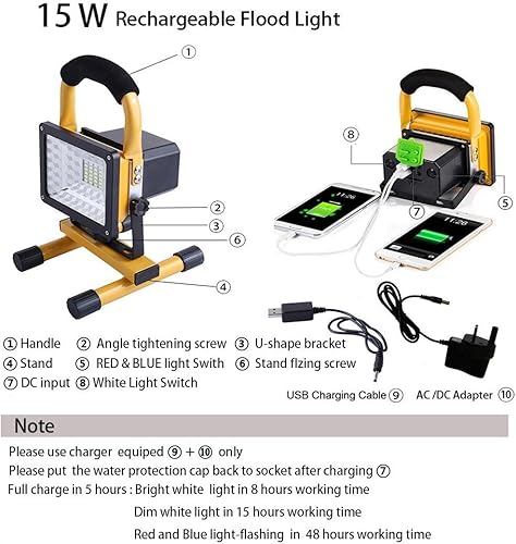 Vista 6 de LANFU Luz de trabajo LED de 15 W con soporte, luces de inundación portátiles recargables de 4000 lm, interruptor de brillo ajustable, IP65