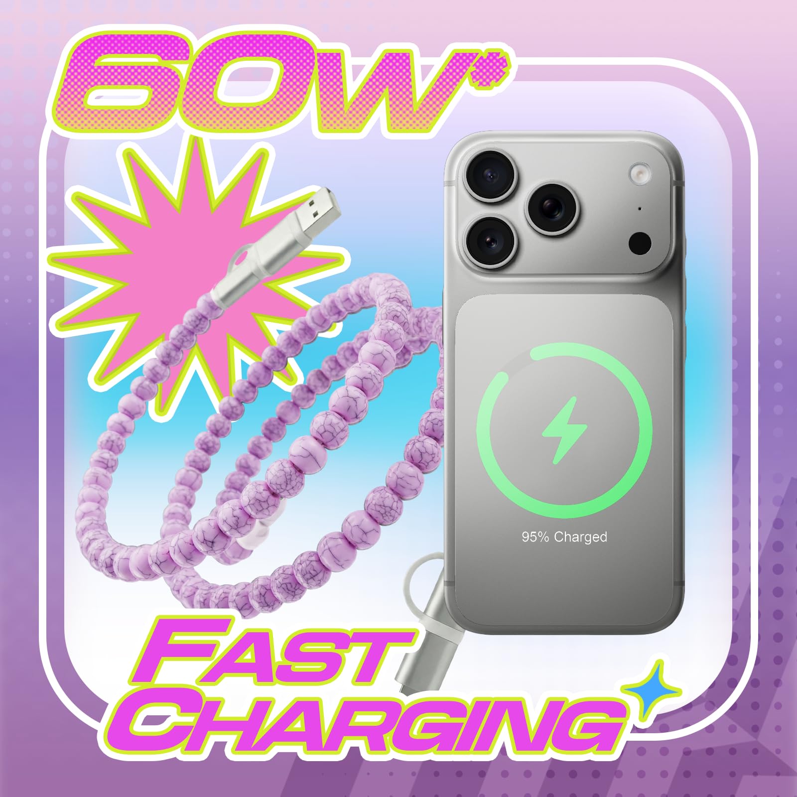 Perłowy kabel do ładowania 4 w 1, pięknie zapakowany, 60 W, certyfikat MFi, ładny, kolorowy kabel, kompatybilny z iPhone, iPad, AirPods, Galaxy i nie tylko (żyła