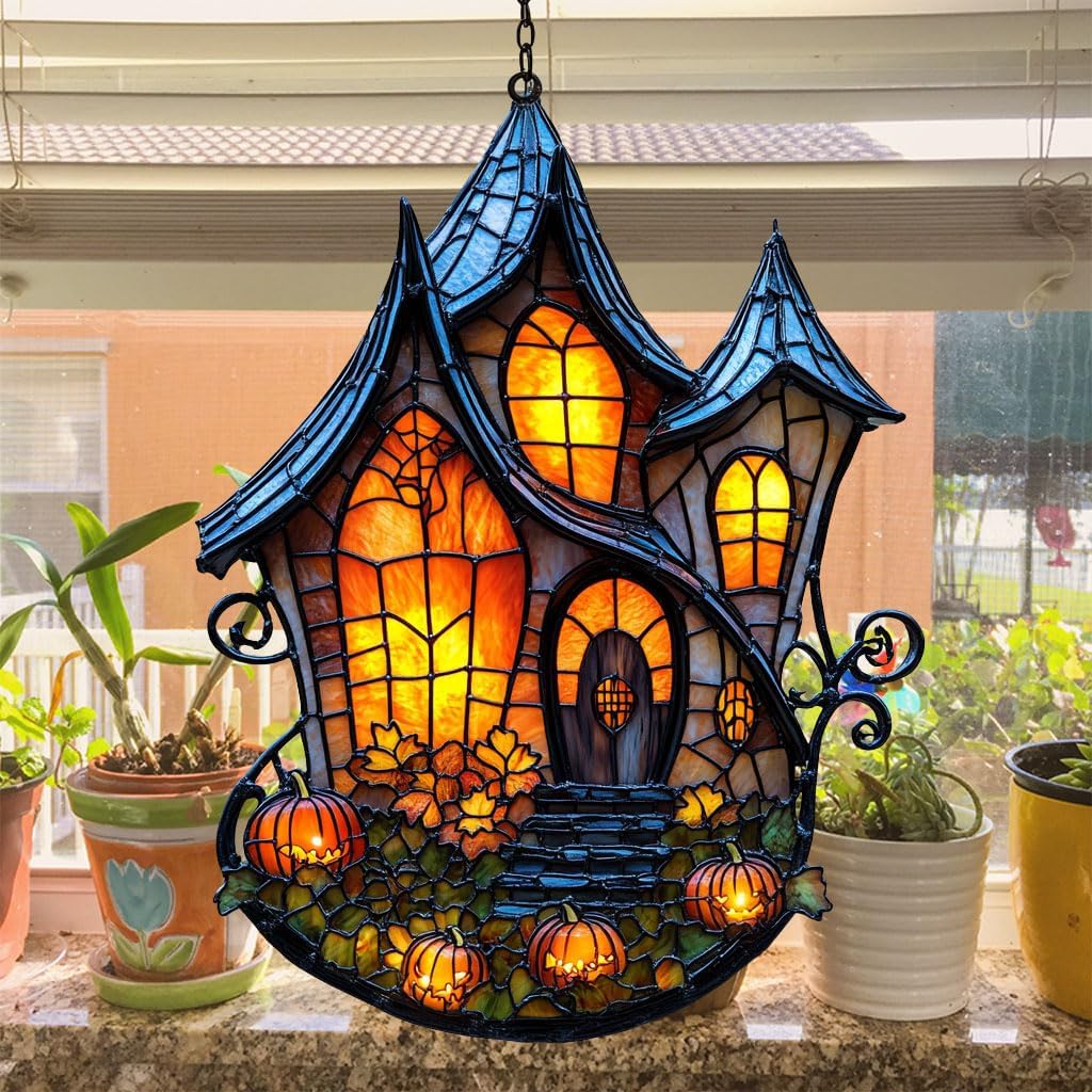 Gothic Halloween Castle Acrylic Suncatcher Stained Glass Effect Window Car Hanging Christmas Ornament Indoor Outdoor Decor Garden Sun Catcher Panel for Halloween Lover for Women Mom Grandma