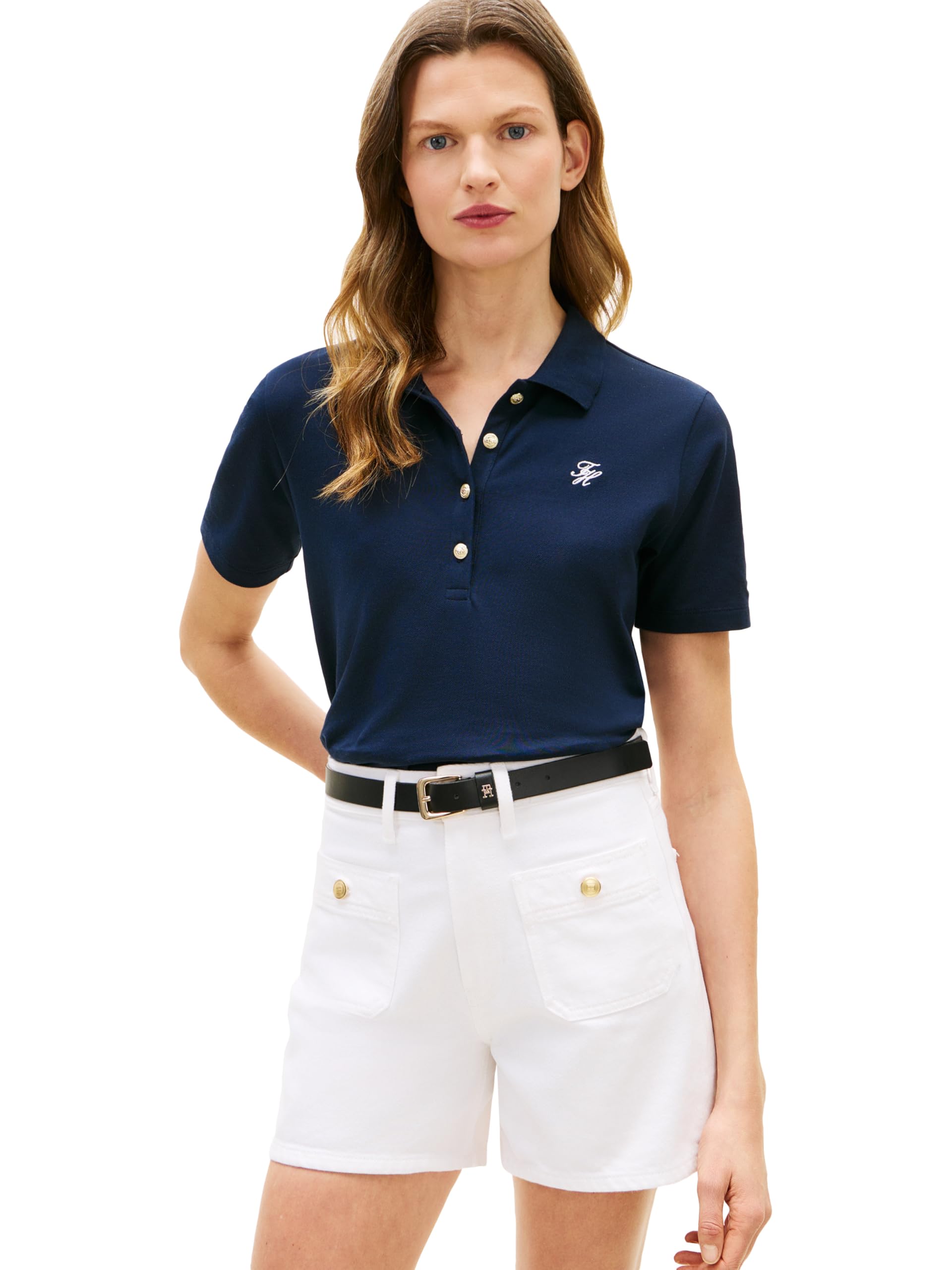 Women's Cotton Pique Short Sleeve Polo Shirt in Regular Fit with Stretch and Monogram Logo