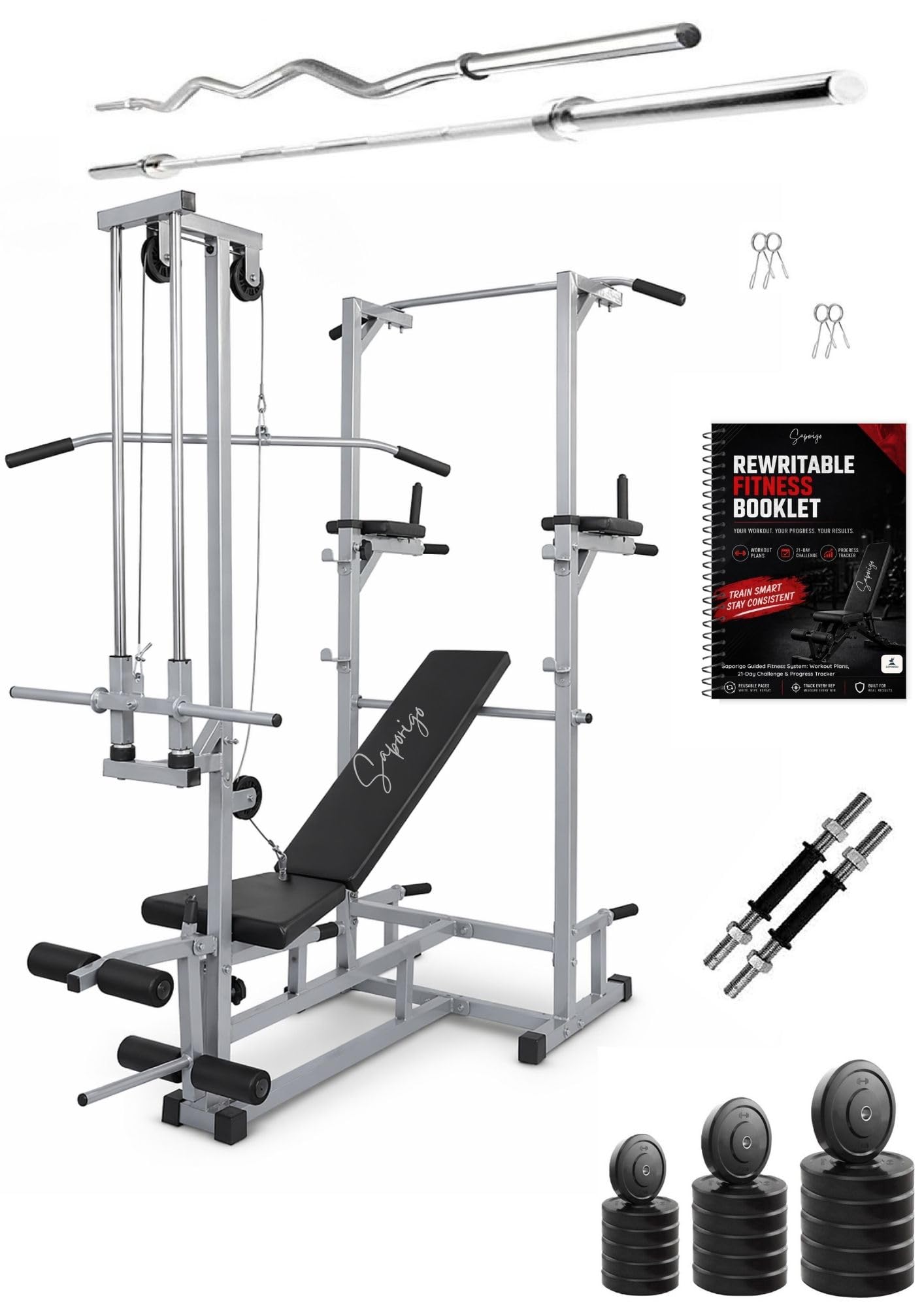 ABS Tower with 20 in 1 Gym Bench Rubber Weight Plates Curl Rod Straight Rod Dumbbell Set Complete Home Gym Equipment (20 KG)-image-36