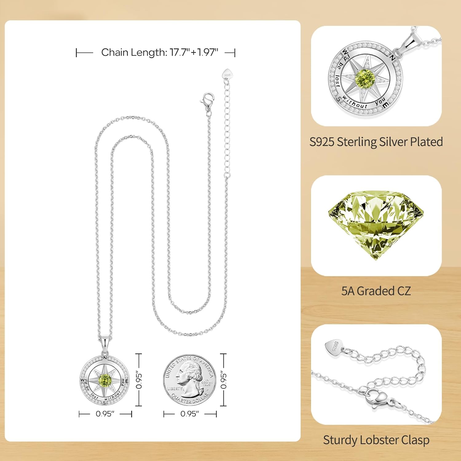 Peeshow Compass Birthstone Necklace for Women Wife, S925 Sterling Silver Gift for Wife Wedding Anniversary Birthday Gifts for Women Jewelry for Her Girlfriend I'd be Lost without You