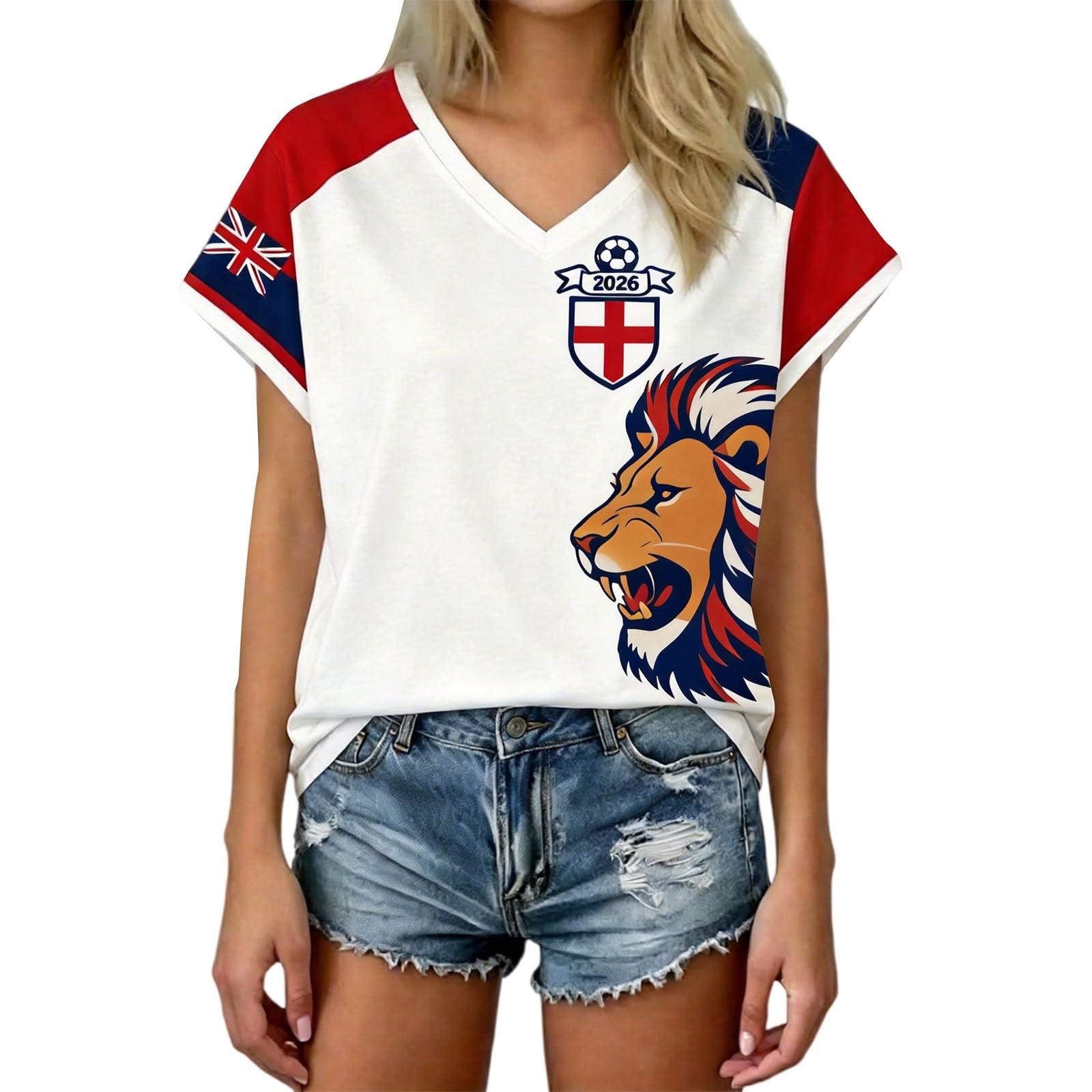 HOOUDO Womens England Top Short Sleeve Jersey Retro Graphic Printed V Neck Training Tops Breathable Lightweight Ladies Soccer T-Shirt Athletic Shirts