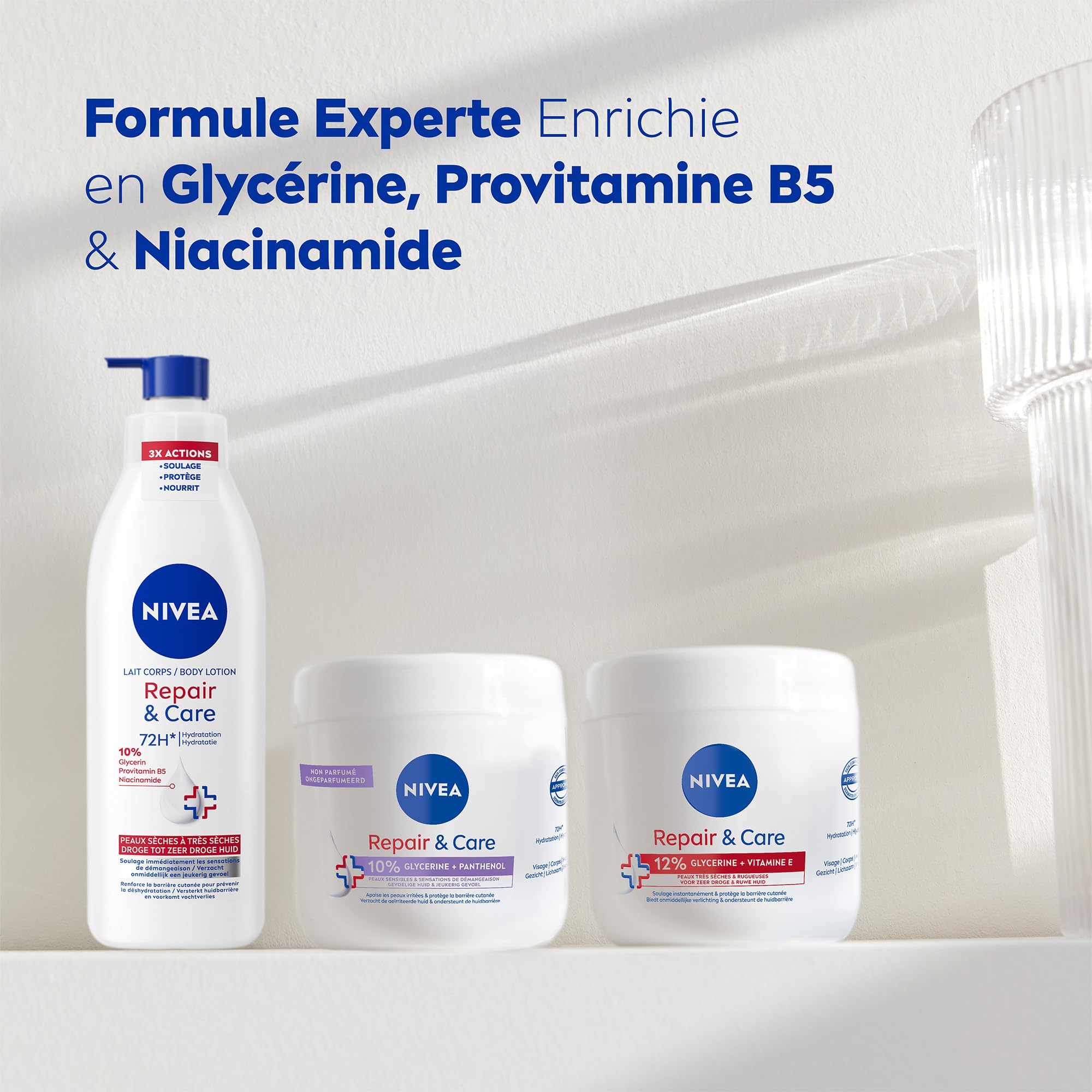 NIVEA REPAIR & CARE Lait Réparateur Corps Peaux Très Sèches (1x 250 ml) - Lait Corps Hydratant à la Glycérine, Provitamine B5 & Niacinamide - Crème Hydratante peaux rugueuses extra sèches