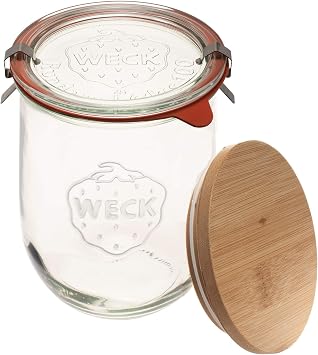 Weck Tulip Jar - 35.9 fl. oz 1 Liter - Large Glass Container for Sourdough Starter, Canning, and Storage - Includes Glass Lid & Wooden Lid