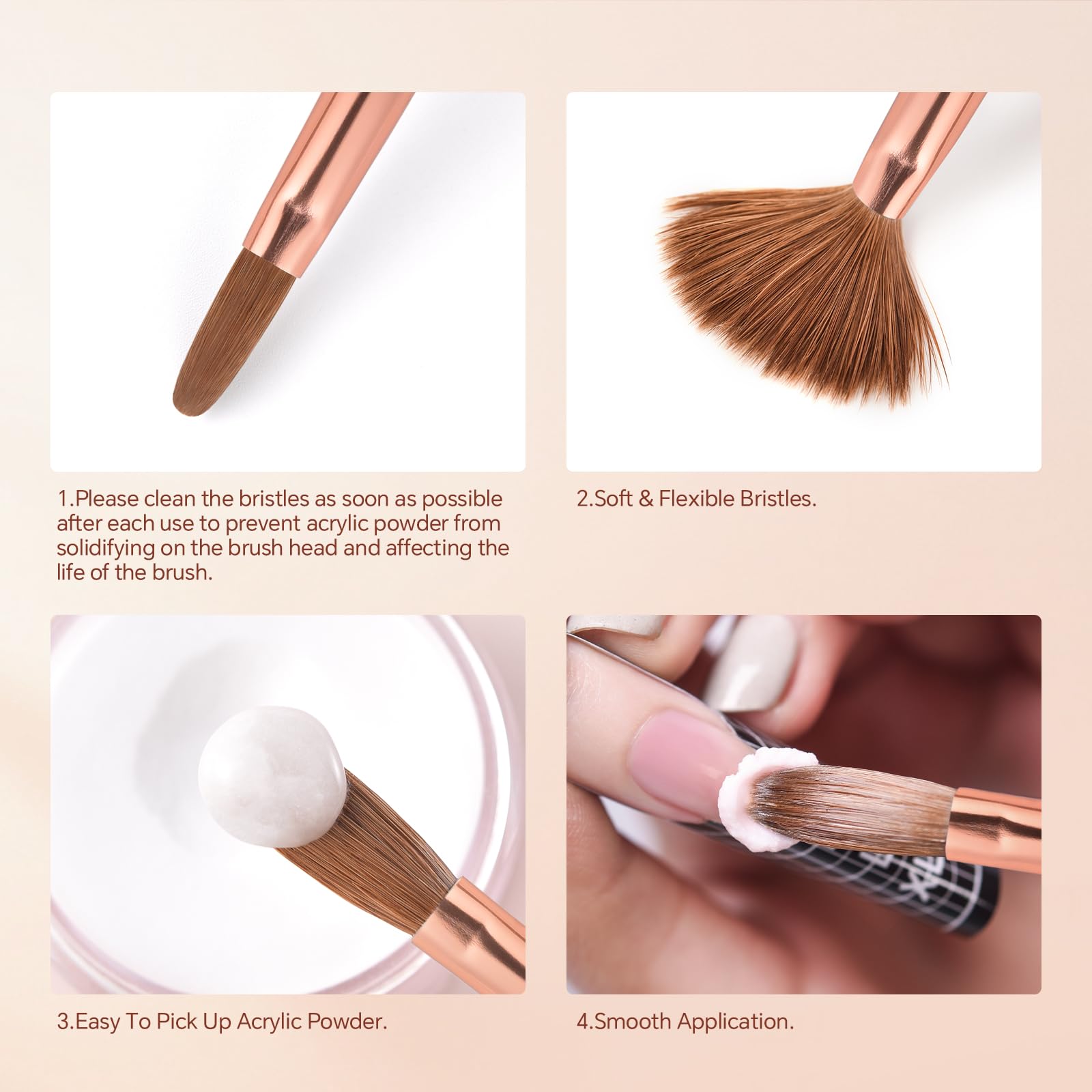 Kolinsky - Pennello per unghie in acrilico, setole per capelli, forma ovale, per applicazione acrilica, extension e intaglio 3D, con manico in perline rosa, per manicure a casa e salone