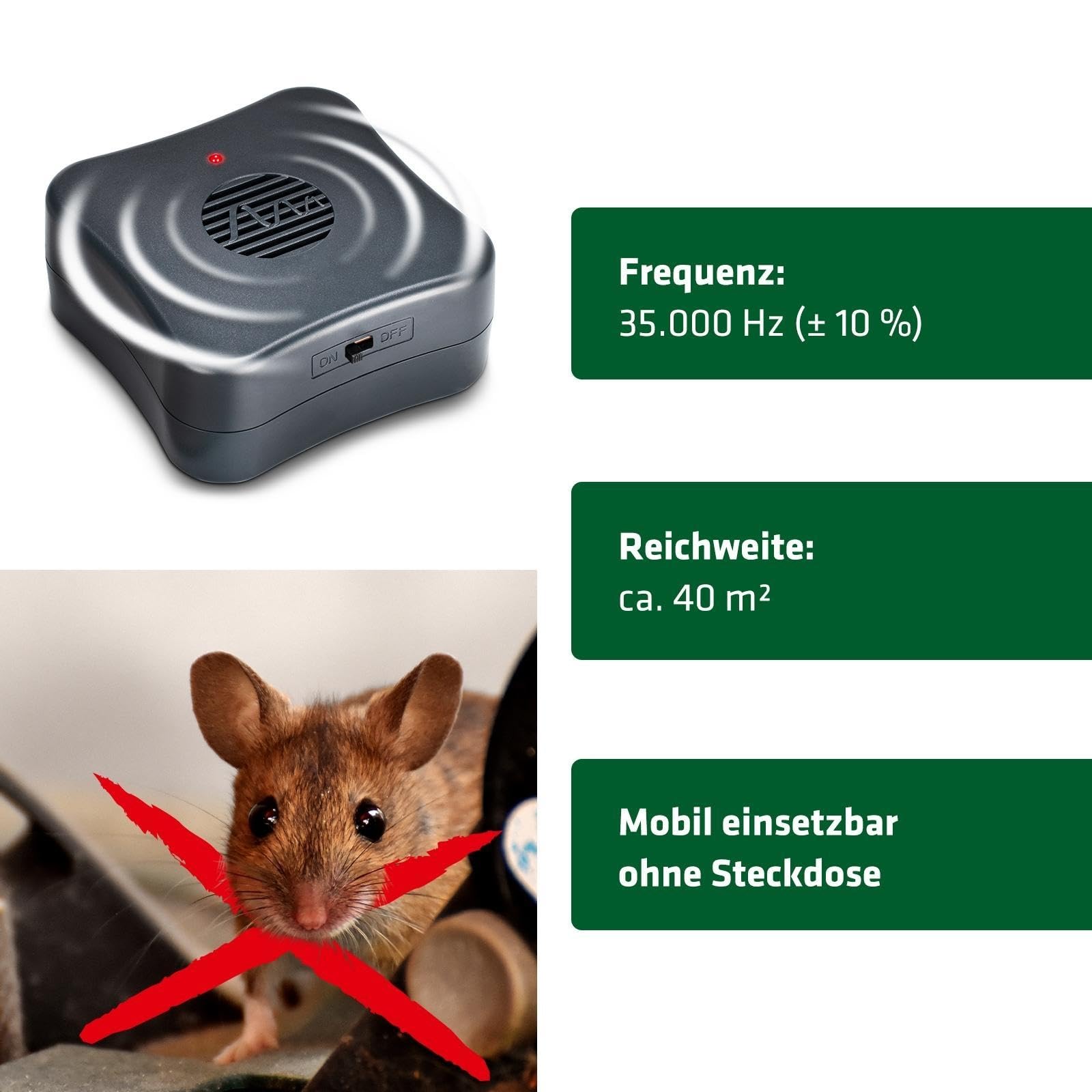 Gardigo® Mäusevertreiber Mobil - 3er Set | Ultraschall Mäuseabwehr gegen Mäuse und Ratten | Mobil einsetzbar durch Batteriebetrieb | Wirkungsbereich bis ca. 40m² | Ratten vertreiben Mäuse vertreiben
