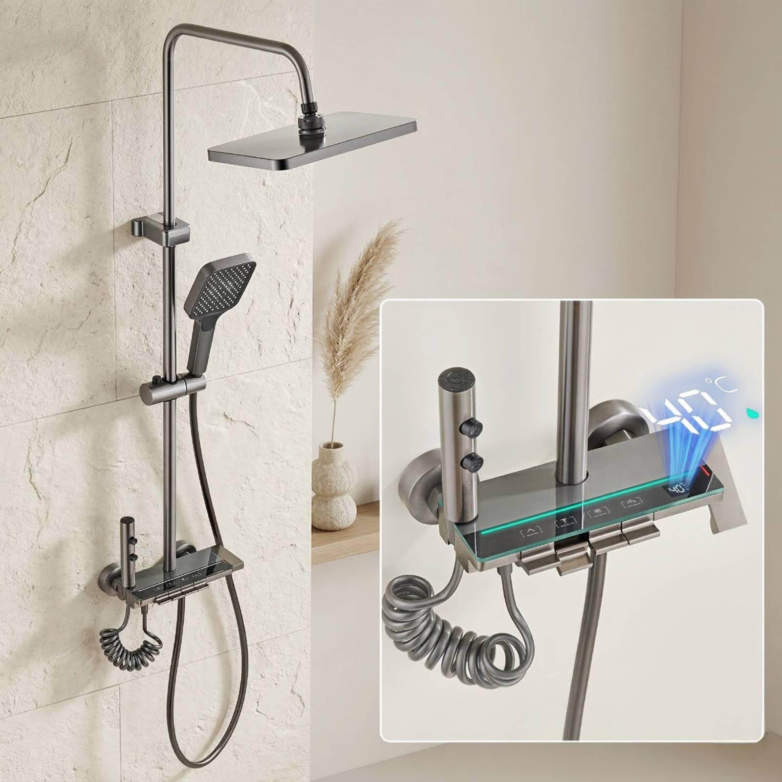 Bostar Columna Ducha con Pantalla Digital LED, 4 Modos Cabezal de Ducha de Lluvia con Grifo, Control Mediante Botones Elegantes Altura Regulable 70-103cm, Gris Titanio (Gris)