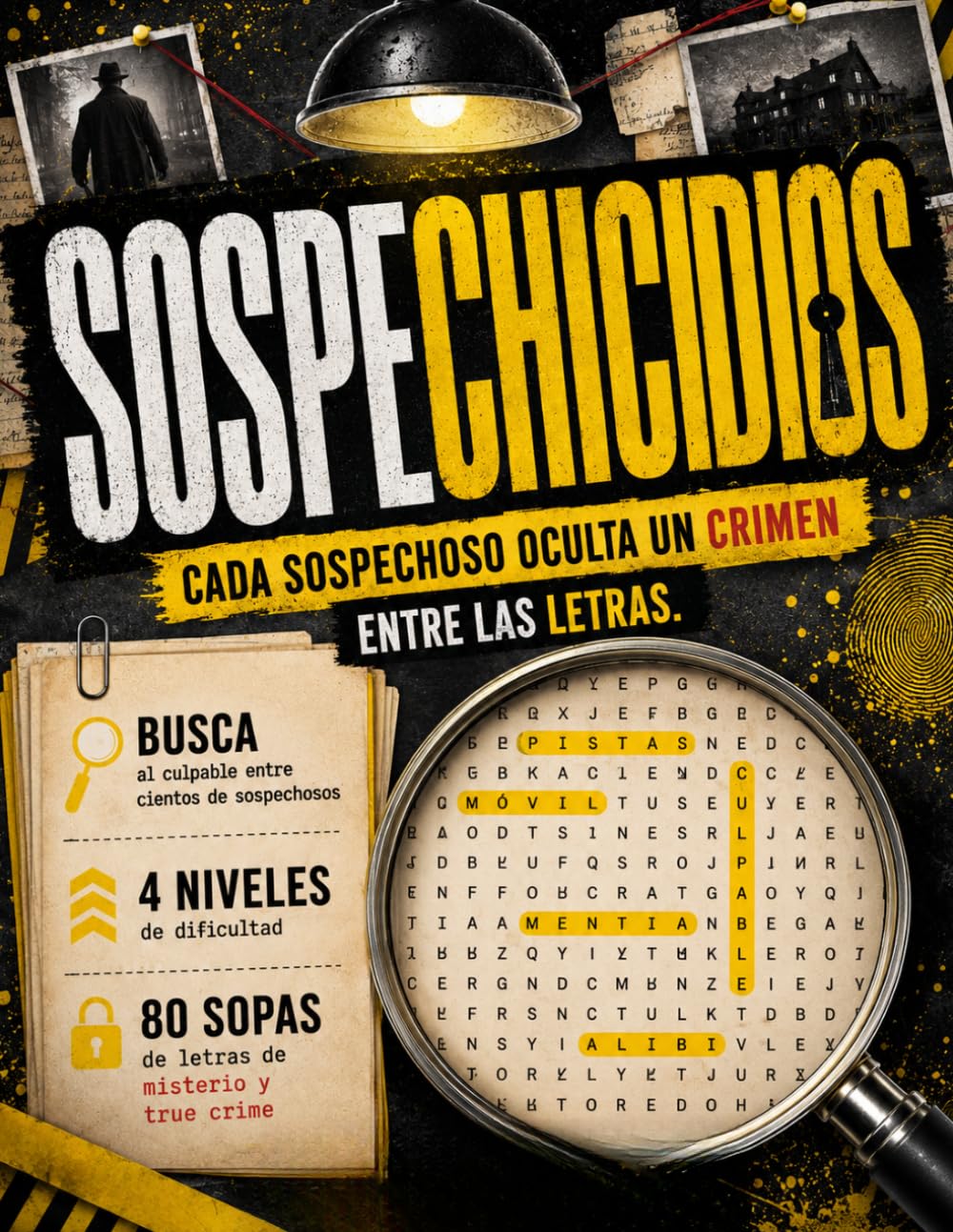 SOSPECHICIDIOS: Sopa de letras de crímenes y misterio para adultos | 80 casos de true crime para resolver como un detective | Pasatiempos de asesinos, pistas y sospechosos con soluciones