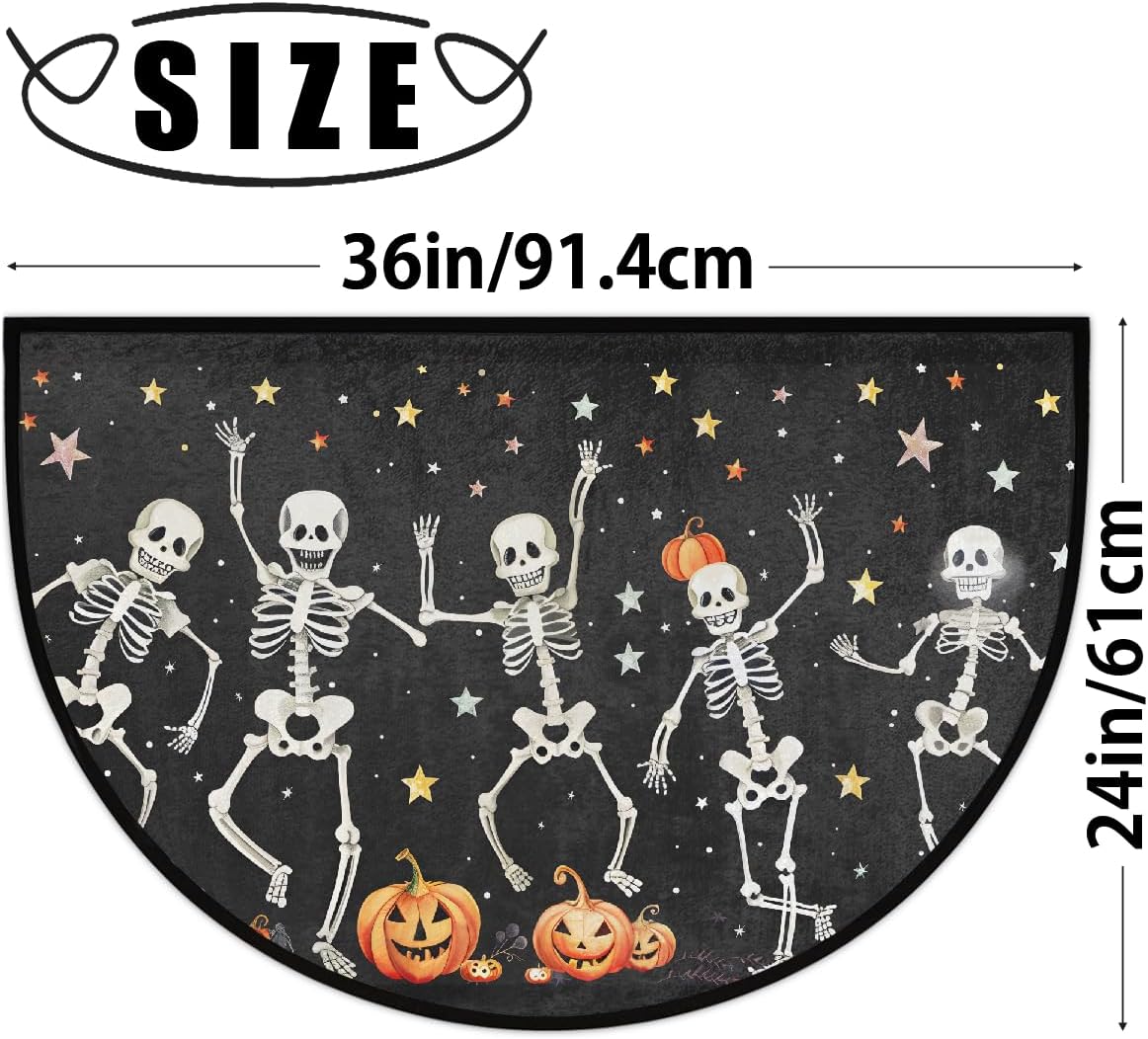 Gothic Skeleton Dancing Halloween Half Round Door Mat Non Slip Washable Semi Circle Area Rug Absorbent Soft Half Moon Rug Floor Mat for Indoor Outdoor Kitchen Bathroom Patio Front Door Mat Decor
