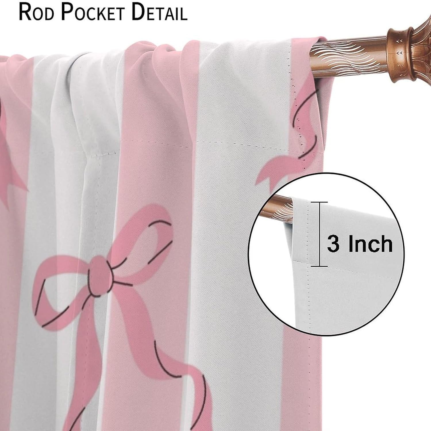 Stripes Curtains, Red Ribbon Bow Stripes White Pink Background Blackout Window Treatments, Rod Pocket Thermal Insulated Drapes 2 Panels Set for Bedroom Living Room, 72" W X 63" L