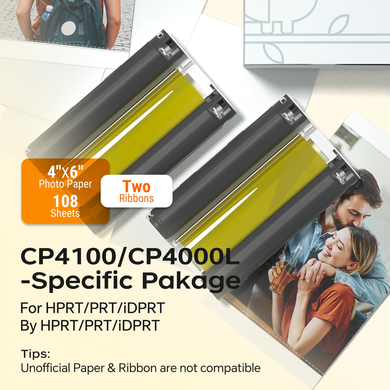 HPRT CP4100/CP4000L 4X6 Carta fotografica, 108 fogli e 2 nastri, Carta per stampante iDPRT CP4100/CP4000L Telefono WiFi Instant Color Picture Sublimation Carta per stampante