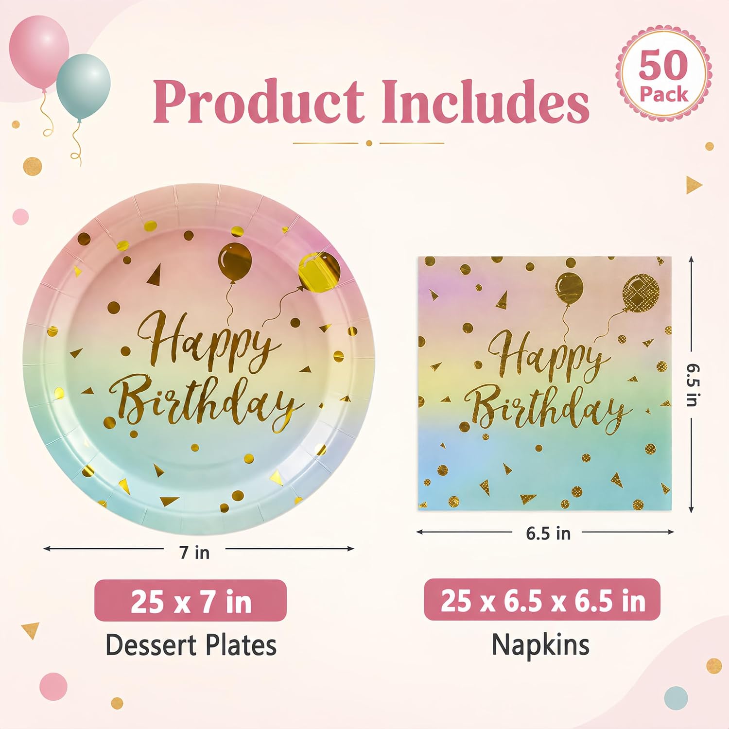 50PCS Happy Birthday Paper Plates and Napkins, 7inch Colorful and Gold Polka Dot Birthday Cake Dessert Plates Disposable Tableware Set for Birthday Party Supplies Decorations (Birthday Colorful) image 2