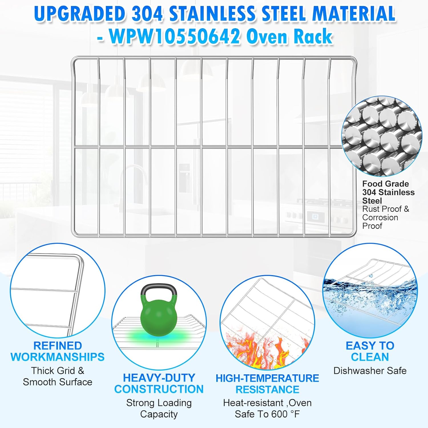 2Pack Upgraded 304 Stainless Steel WPW10550642 W10550642 Oven Rack Compatible with Whirlpool Range Oven Stove Wire Rack 3281084 AP6022861 PS11756198 EAP11756198 Gas Range Oven Rack w/Oven Rack Liner