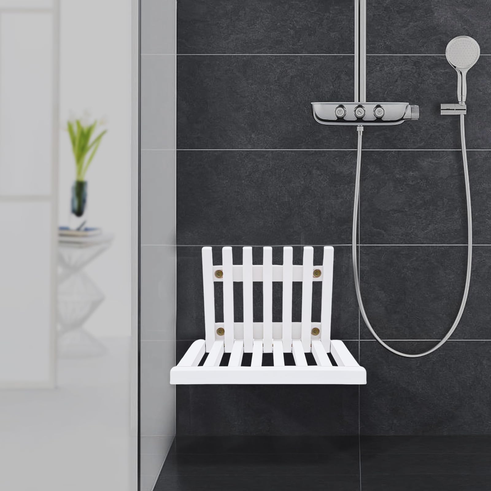 BANLICALI Shower Seat Bench, L-Shaped Wall-Mounted Foldable Stool Chair, Rubber Wood Shower Stool Shoe Changing Stool for Bathroom Entryway White Load 220.46 lbs