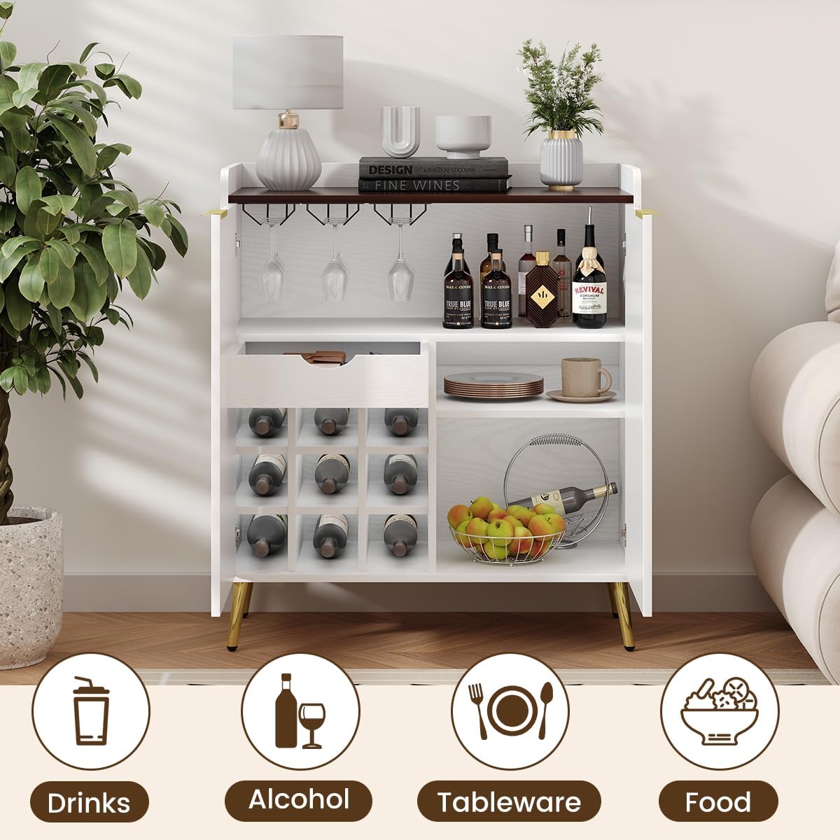 COCO DESIGN Coffee Bar Cabinet with Wine Racks, Farmhouse Modern Liquor Cabinet with Fluted Door, Removable Wine Rack & Adjustable Shelf, White