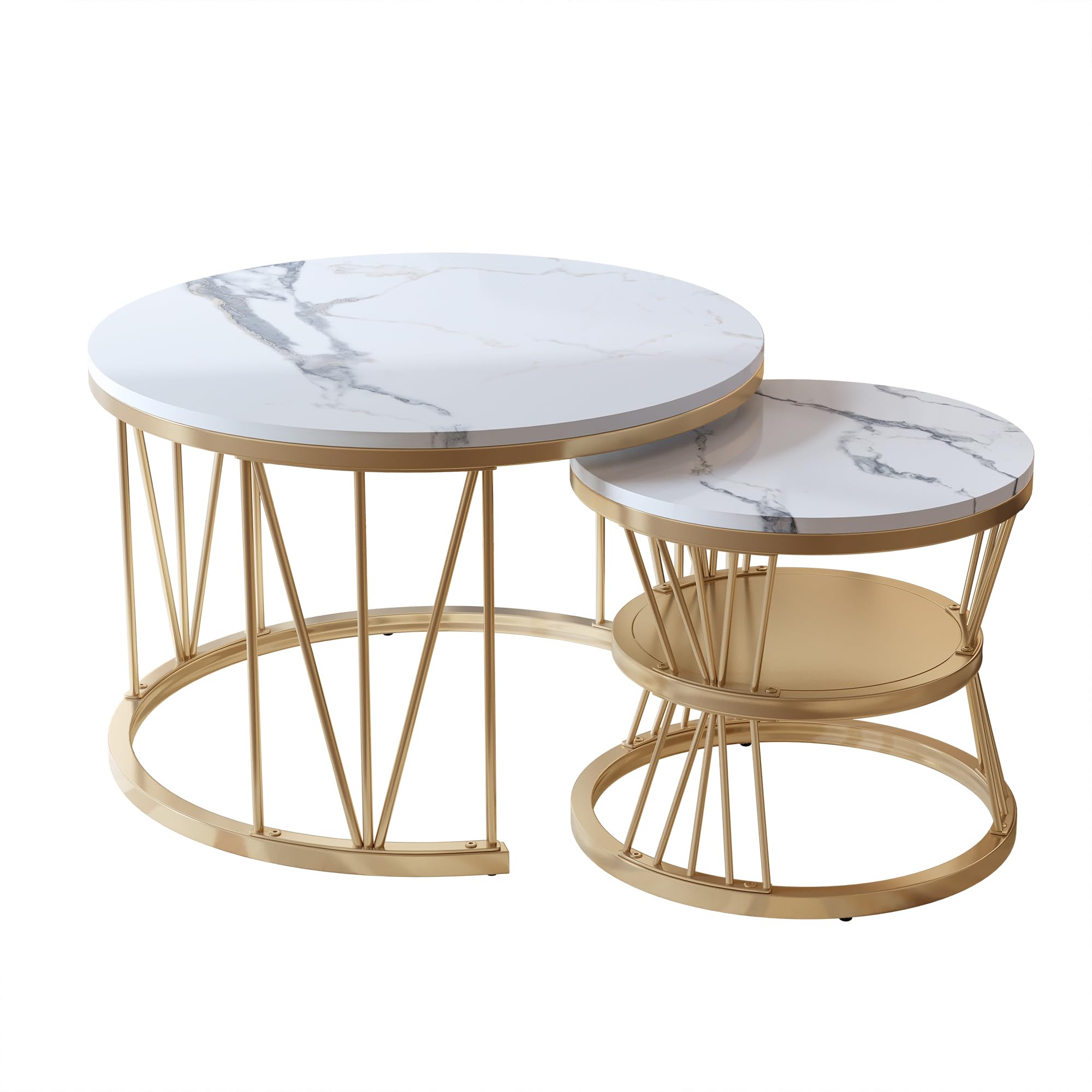Lot de 2 tables basses rondes, aspect marbre, élégantes avec cadre en métal robuste, tables basses modernes pour salon et chambre à coucher (doré)