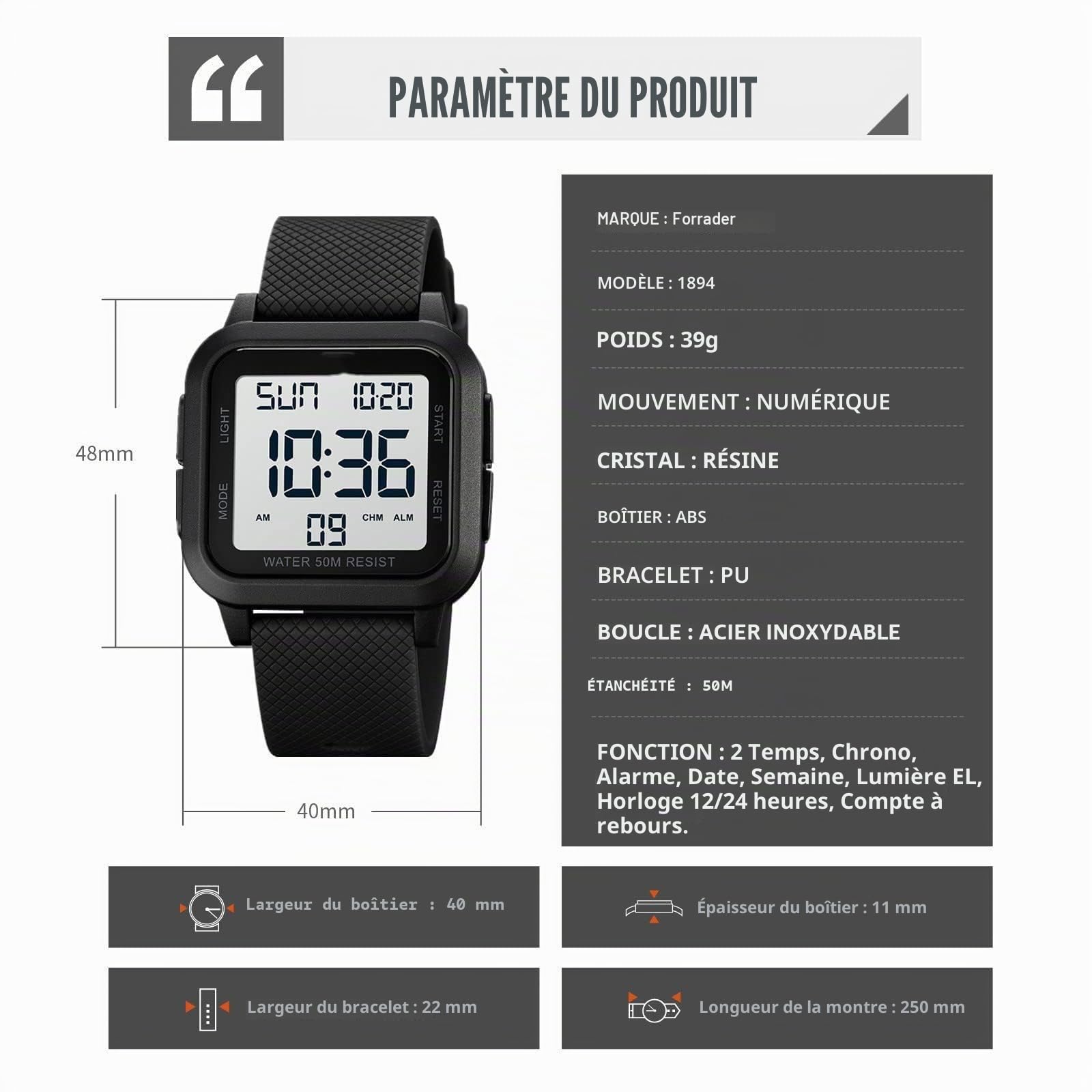 Forrader Montre numérique de sport pour homme, étanche, avec rétroéclairage LED, alarme, compte à rebours, double heure, chronomètre, 12/24 heures pour homme, femme, adolescent