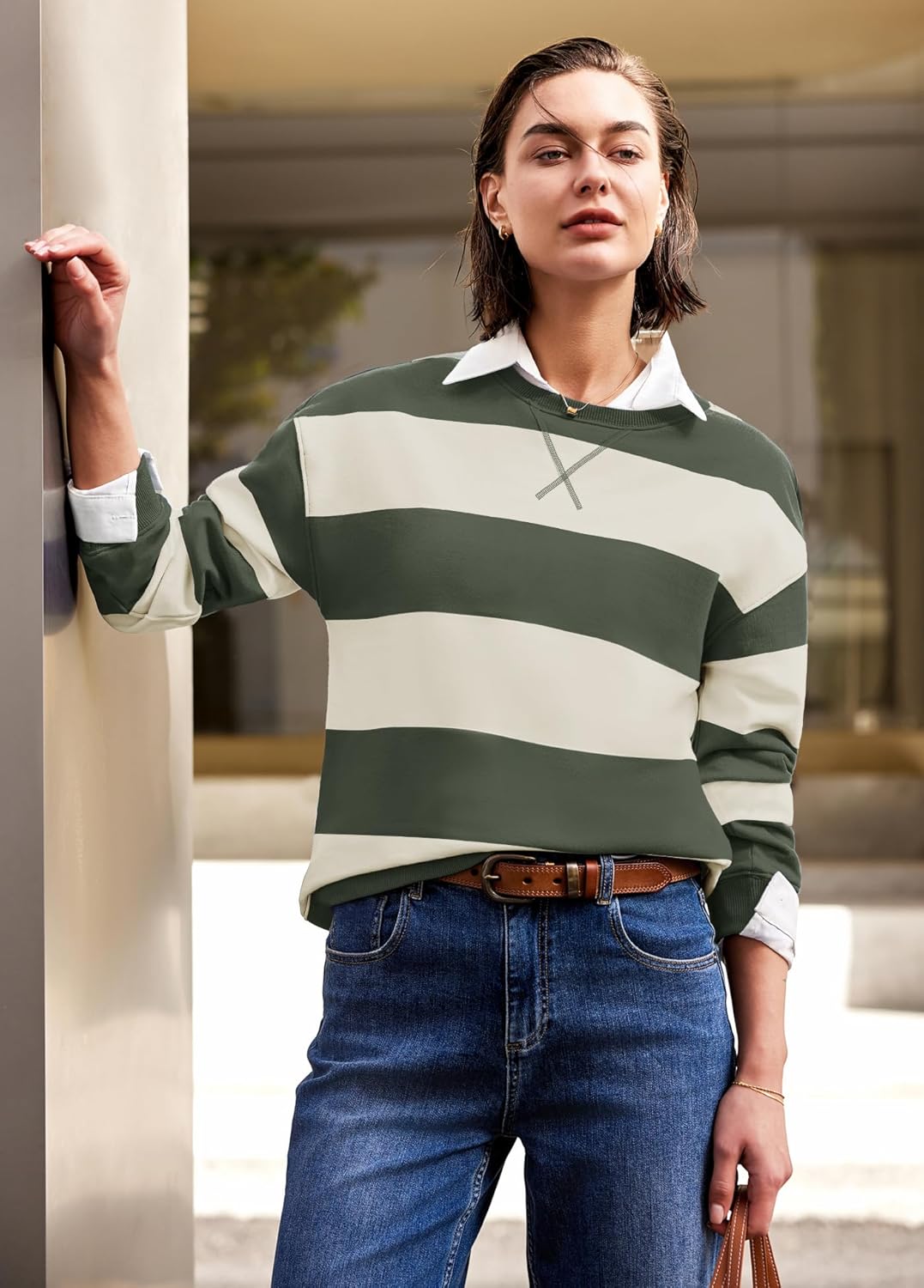 Nirovien Womens Striped Oversized Sweatshirts Casual Long Sleeve Crewneck Sweatshirt Color Block Pullover Tops - Image 2