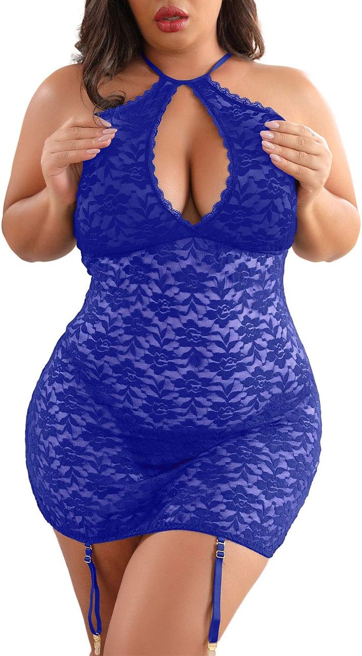 Women's Halter Plus Size Lace Lingerie Keyhole Mesh Stretch Babydoll Chemise with Garters