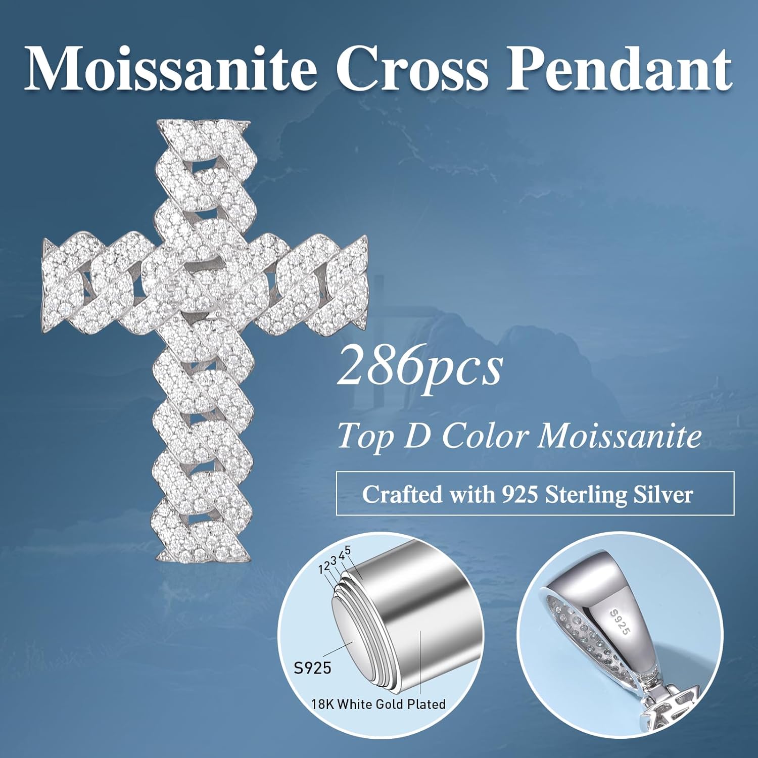 Moissanite Cross Necklace 2.7 Carat Iced Out Moissanite Cross Pendant 925 Sterling Silver Cross Chain Necklace D Color VVS1 18k Gold Plated Christian Pendant - Image 5
