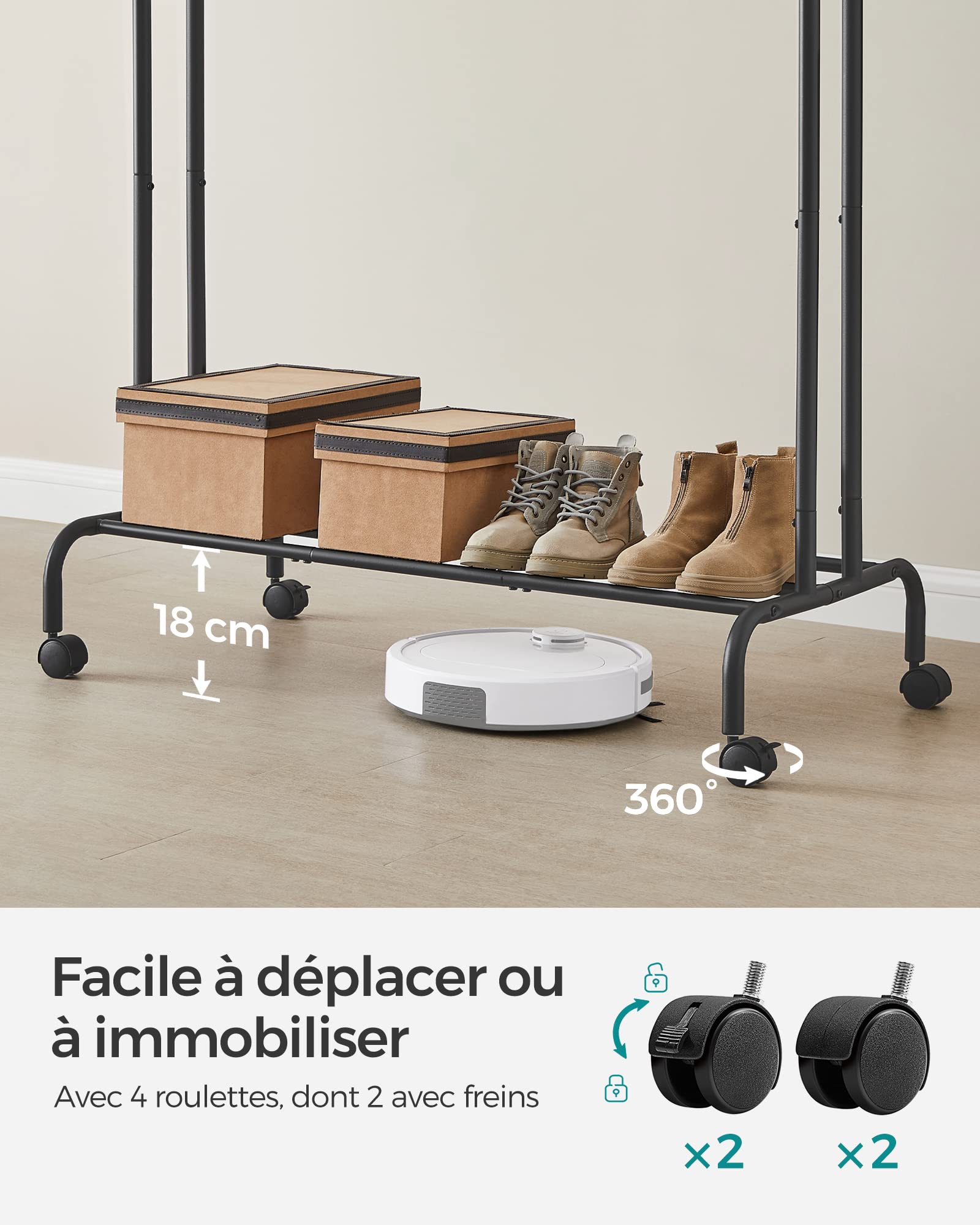 SONGMICS Portant à Vêtements avec roulettes, Double Barre, Porte-Manteau, en Acier, Charge 100 kg, Largeur de 103,5 cm, Rangement Polyvalent, Noir HSR107B01