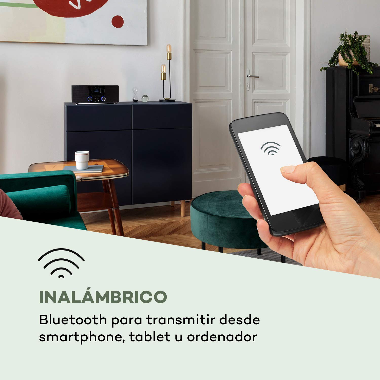 auna Stockton - Equipo de música estéreo, Potencia de 20 W, Radio Dab+/UKW, Función RDS, Reproductor de CD, Bluetooth, Puerto USB, Entrada AUX, Pantalla OLED, EQ, Programable, Despertador, Antracita