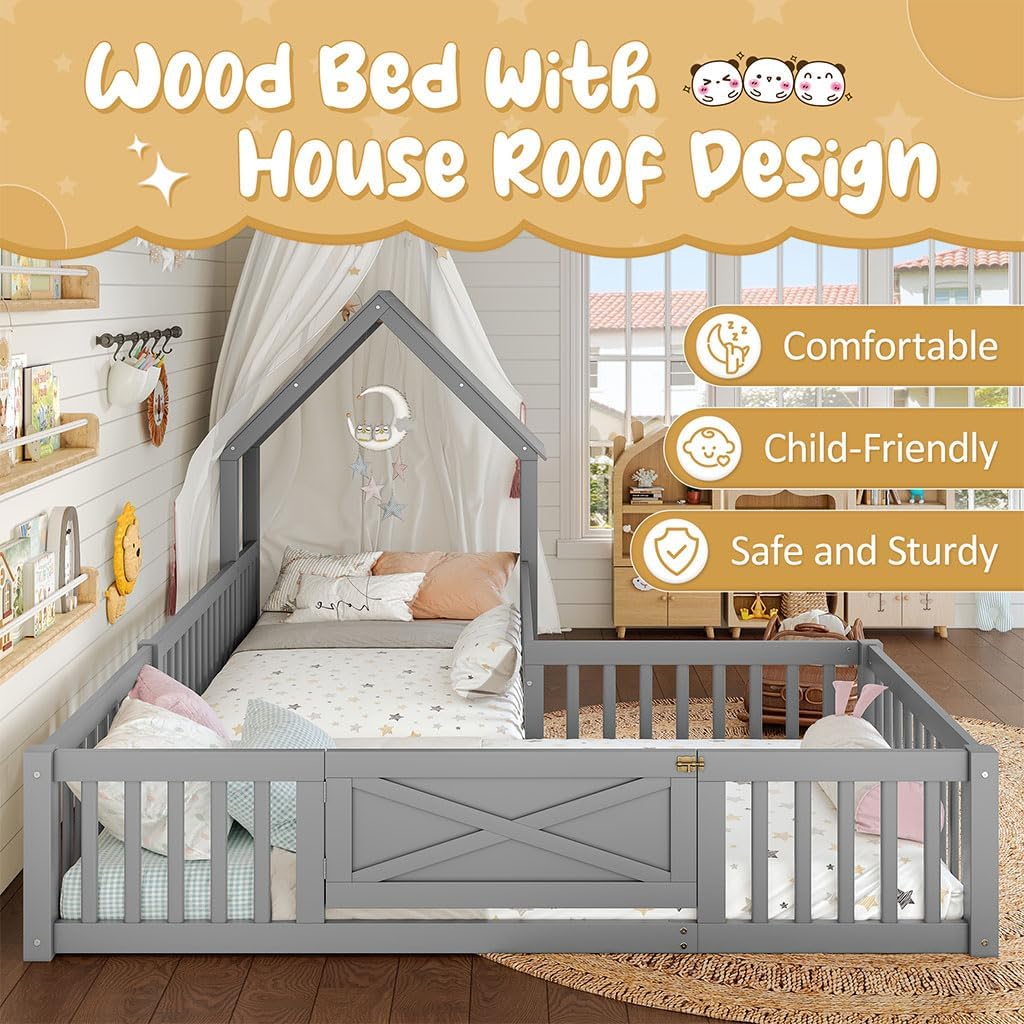 Twin Size House Floor Bed, Montessori Double Twin Floor Bed for Kids, Low to Ground with Door and Guardrails, Solid Wood Frame for Sleep and Play,Gray